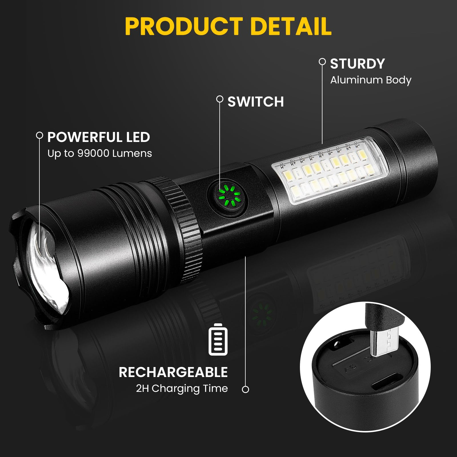 azamine Linternas recargables de alto lúmenes, 90000 lúmenes, luz de flash súper brillante con 6 modos, linterna LED de mano potente ajustable para acampar en casa