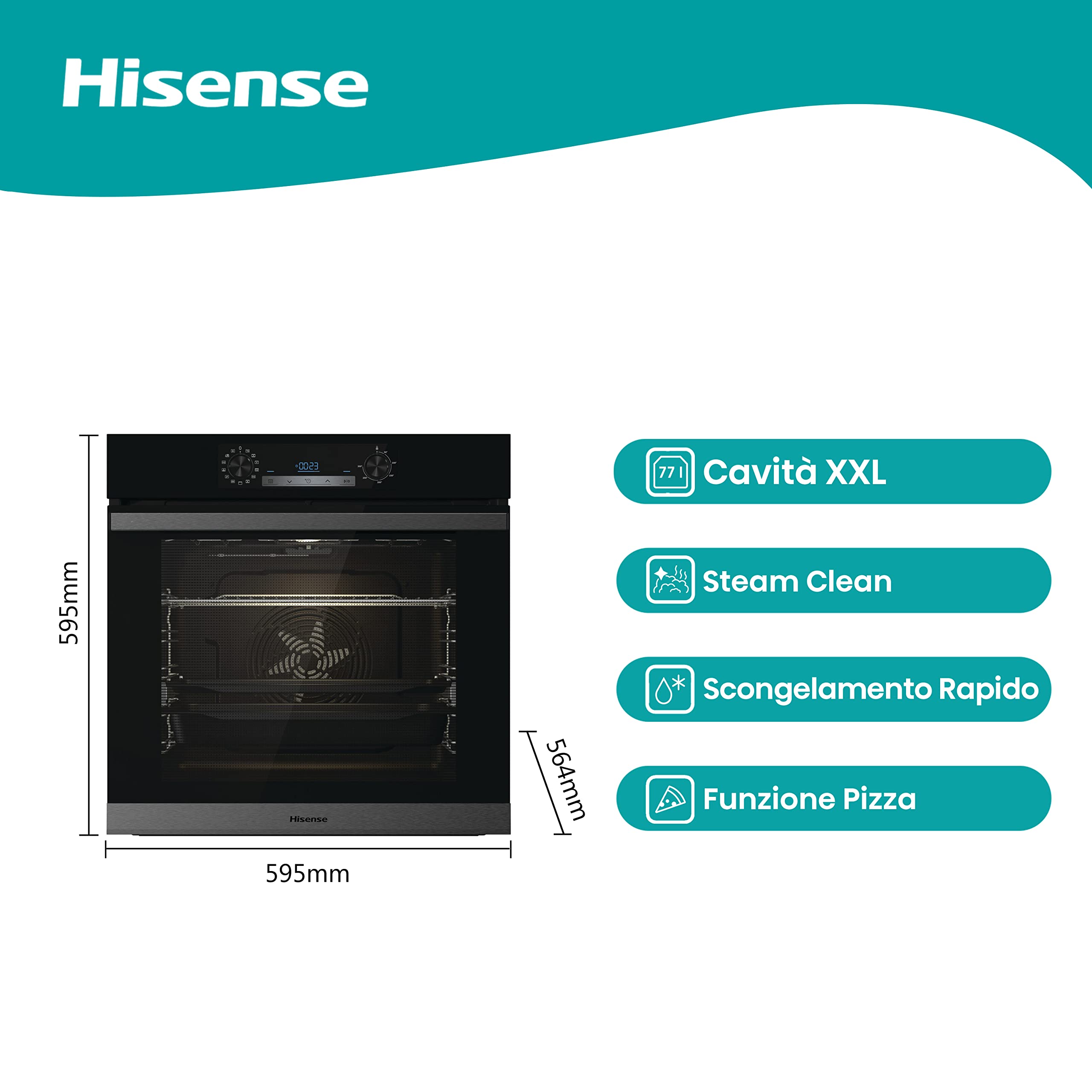 Hisense O65226ABS, Forno Elettrico da Incasso, Multifunzione Termoventilato con Vapore, Capienza XXL 77L, Pulizia AcquaClean, 13 Funzioni di Cottura (Pizza 300°C e AirFry), Nero