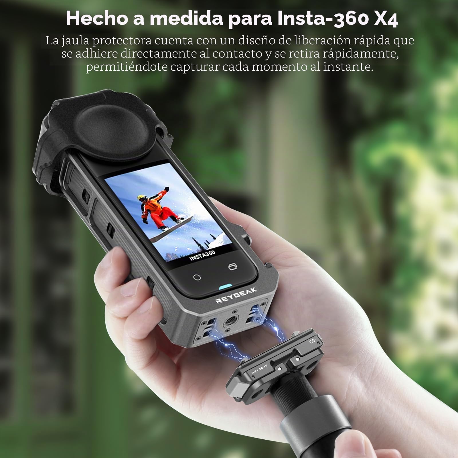 REYGEAK Para jaula Insta360 X4, marco de aluminio para Insta360 X4, soporte de base de cámara de liberación rápida con roscas de 1/4 pulgadas, funda protectora con cubierta de lente de silicona.