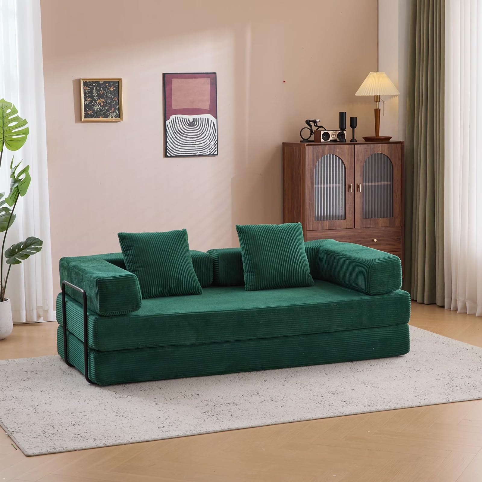 Sofa rozkładana z podłokietnikiem i poduszką, sztruksowa kanapa podłogowa do salonu