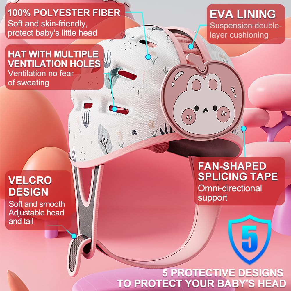 Baby Helmet for Crawling Walking Baby Head Protector Head Protection for Infant Baby Soft Cushion Safety Toddler Headguard 1-2 Years Old 6-12 Months (Pink Rabbit)