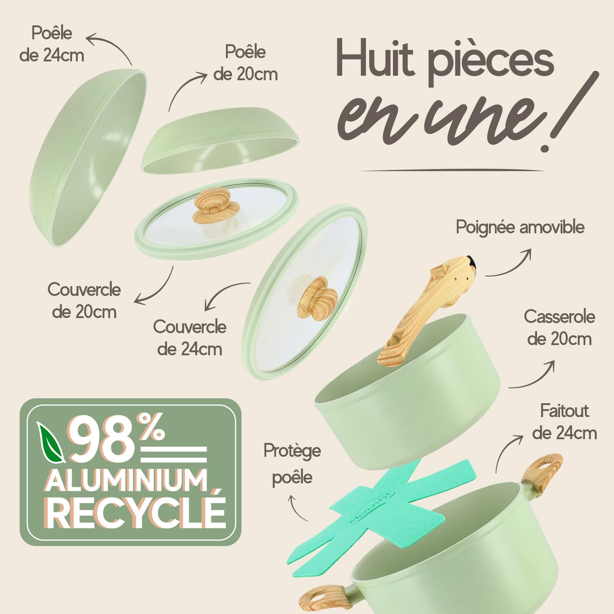 MENASTYL - Batterie de Cuisine Empilable - Gamme The Super Ball - 98% d'Aluminium Recyclé - Compact - Revêtement Céramique Antiadhésif - Tous Feux dont Induction - Couleur Rose - 8 Pièces