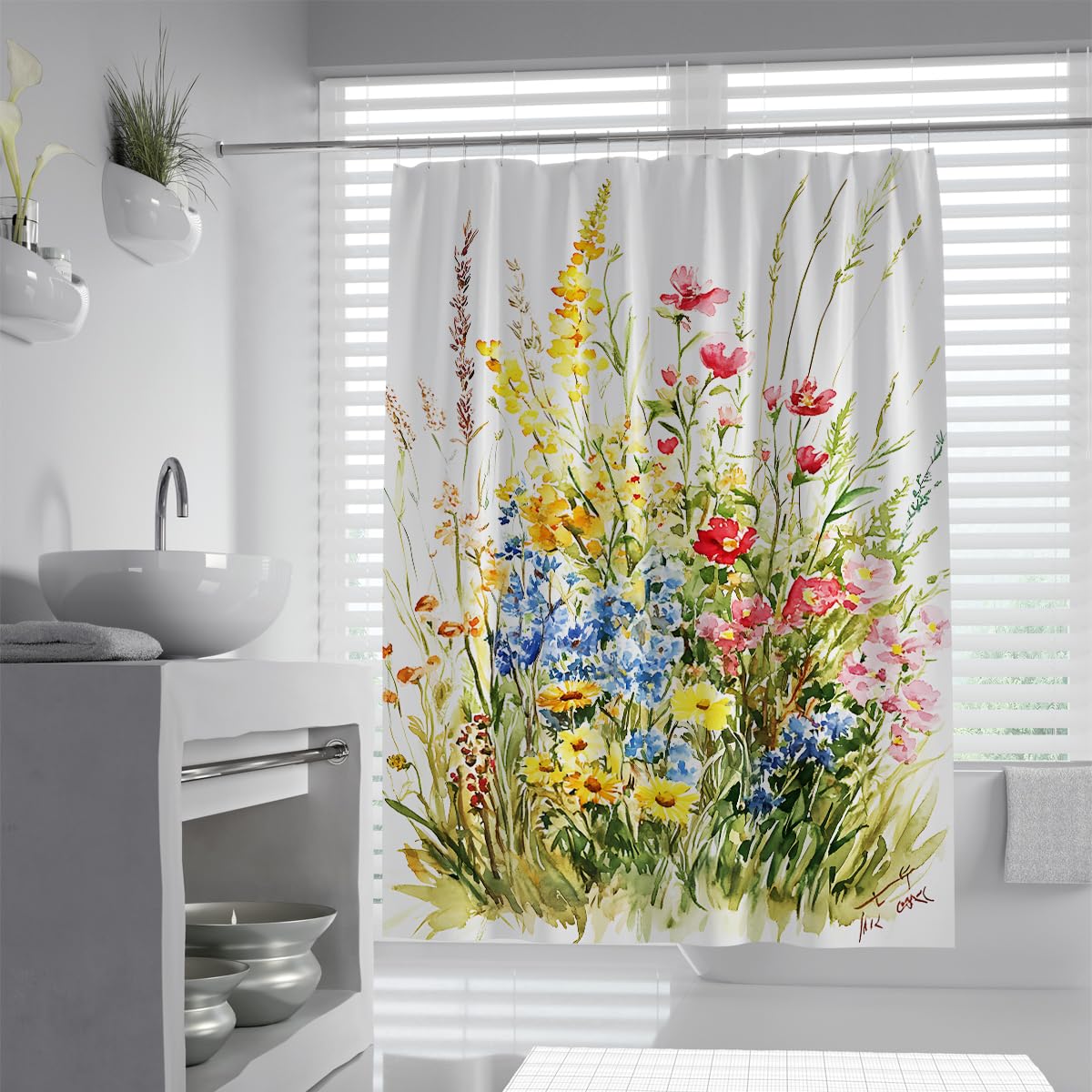 UERWOWELL Rustic Countryside Nature Shower Curtain Watercolor Wild Flowers Pattern Colorful Garden Field Grass Art Print Bath Curtains Polyester Washable W120xL180 cm