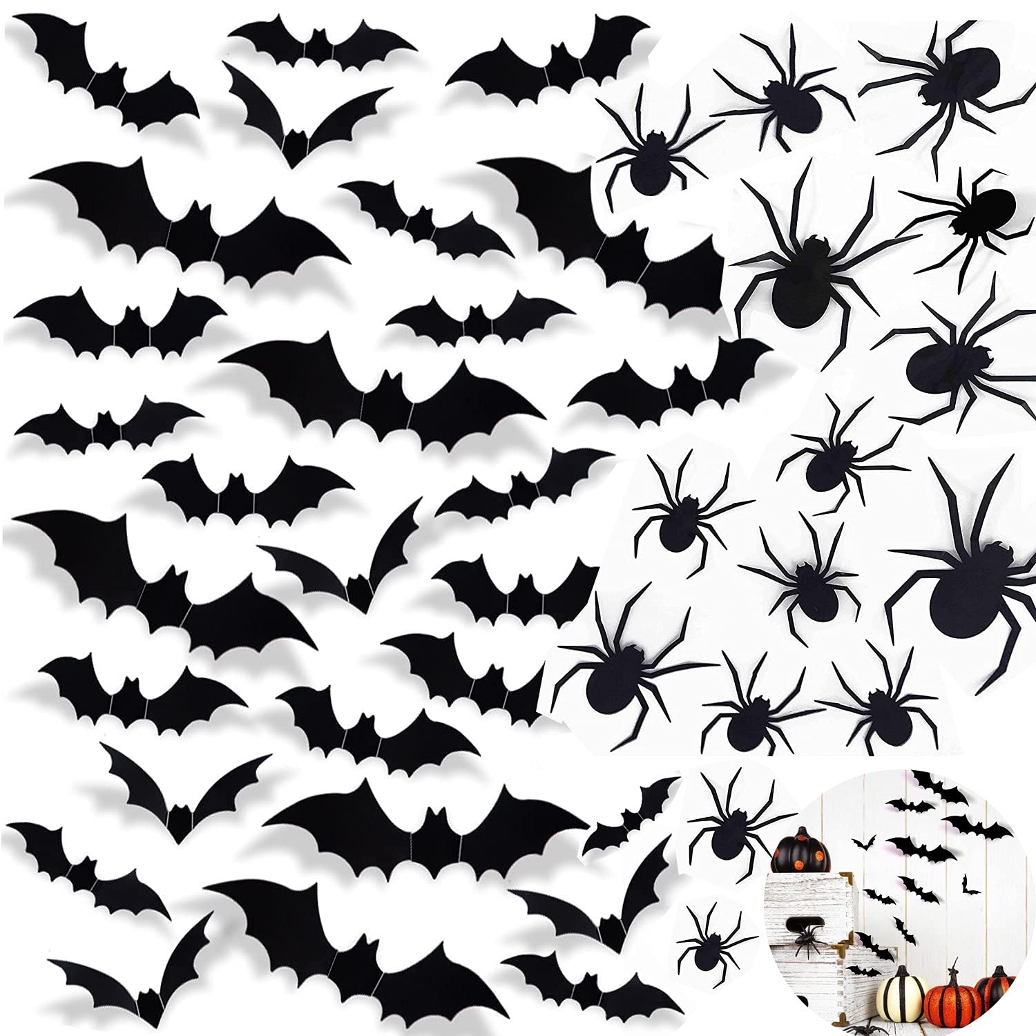 Déco Halloween Effrayante: 12 Chauves-souris LED 3D + 10 Araignées LED - Autocollants Muraux Pour Intérieur Et Extérieur, Portes, Fenêtres