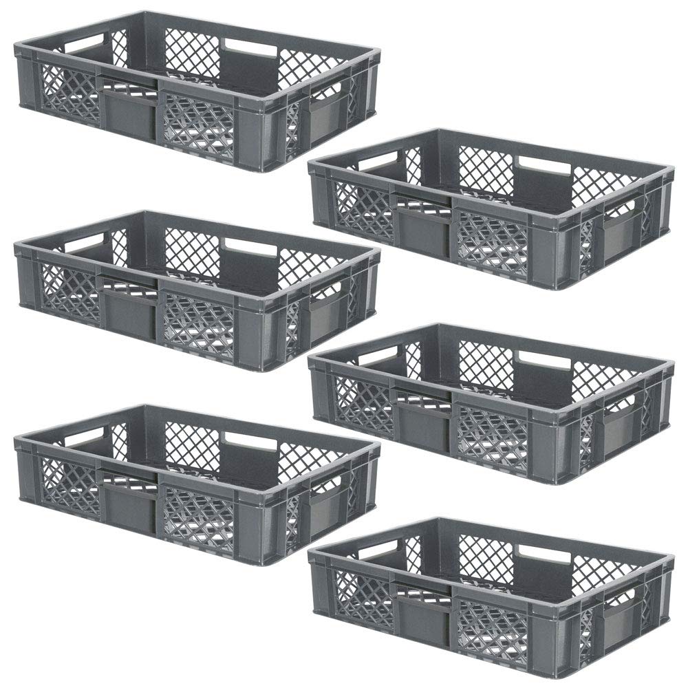 BRB 6 contenitori Euro/cestello impilabile, in PE HD, qualità industriale, per alimenti, 600 x 400 x 150 mm, grigio