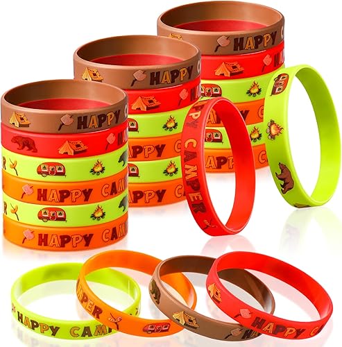 Chivao 24 pulseras de silicona para fiestas de campamento, pulseras de goma temáticas de campamento, pulseras de goma Happy Camper para aventuras,