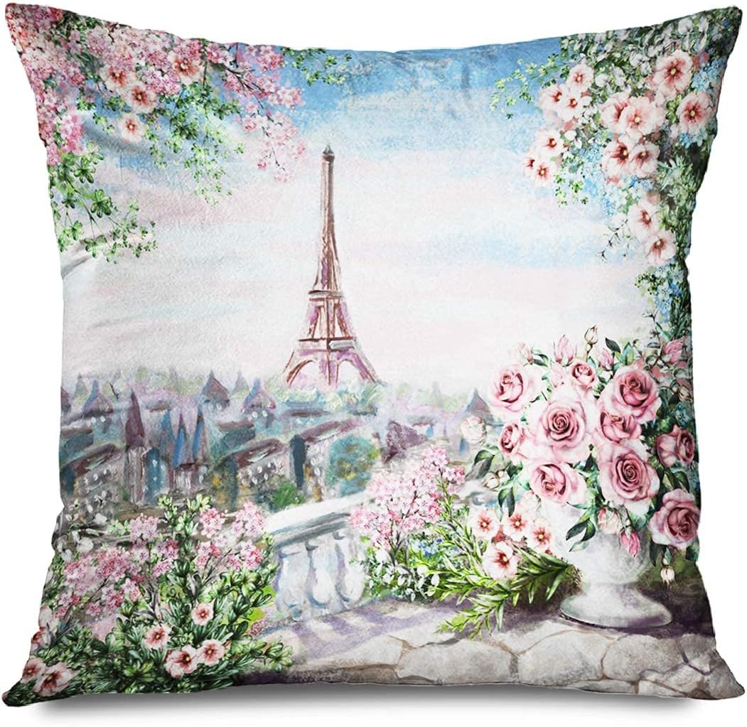 Throw Pillow Cover Black Grey Eiffel Tower Gray Romantic Love Flower Pink Flower France Paris Throw Pillow Case Personalised Pillow Case For Home Decor, Coworker, 45X45Cm