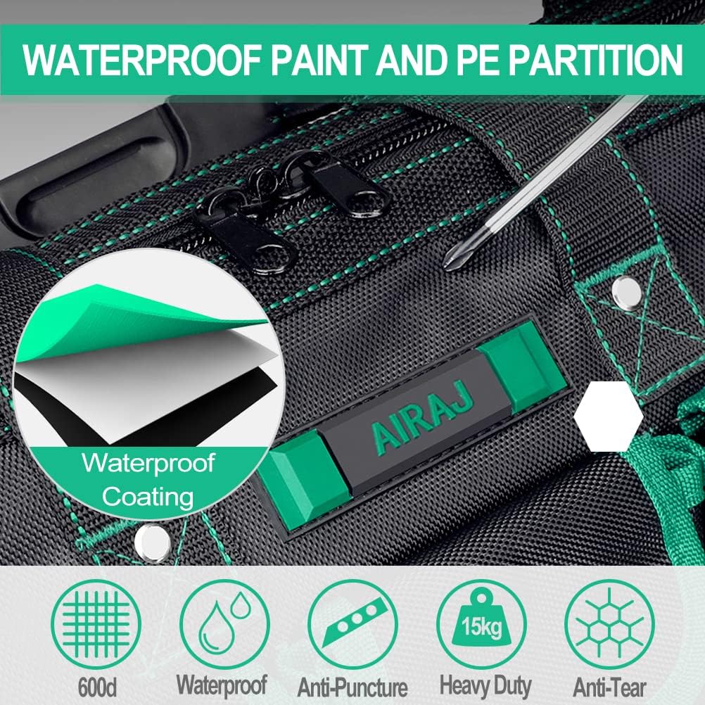 AIRAJ 16 Inch Tool Bag with Water Proof Molded Base,Wide Mouth Storage Bag,Multi-Pocket,Tool Bag Organizer with Adjustable Shoulder Strap,Portable Storage Bag,Green/Black : Tools & Home Improvement