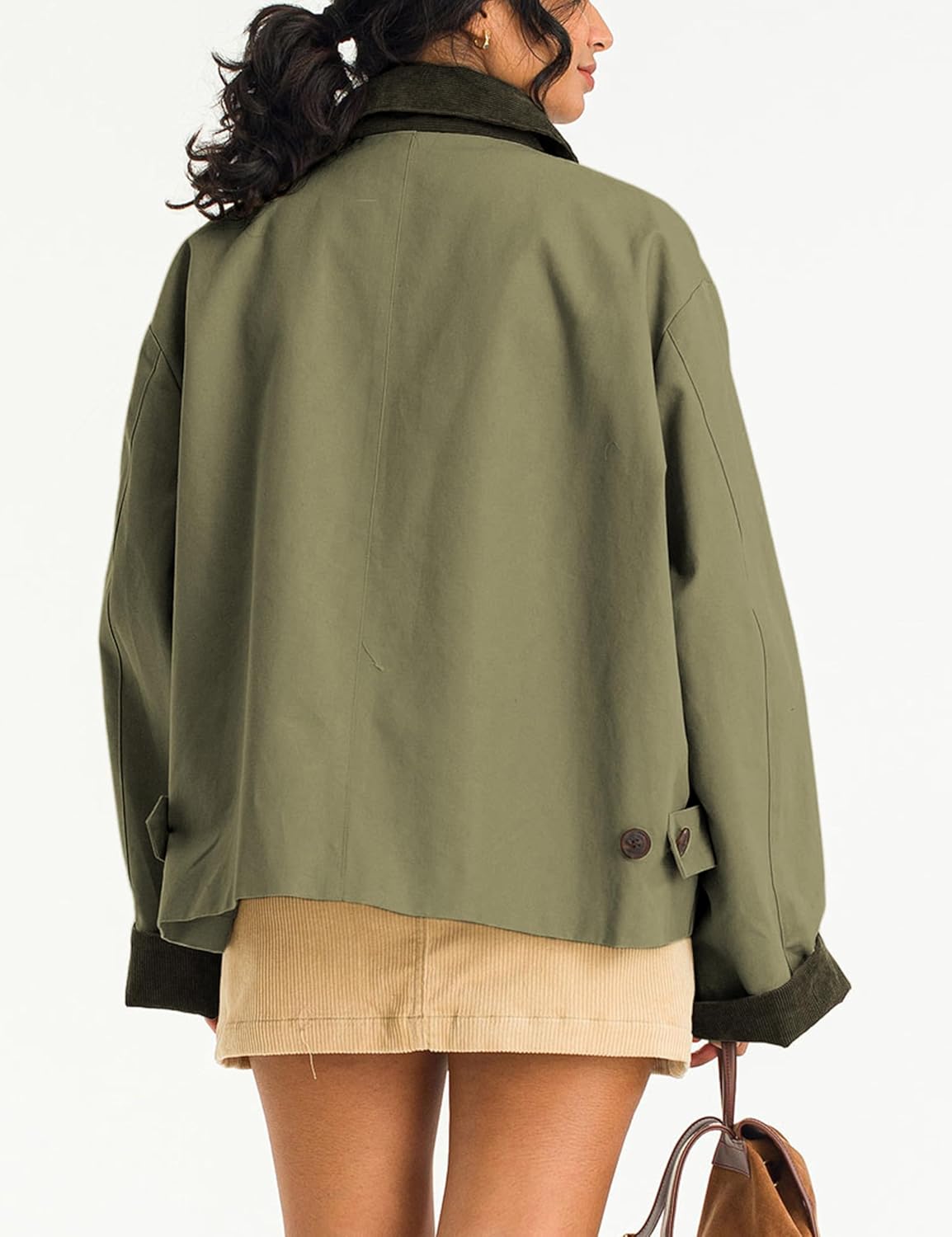 Lviefent Womens Contrast Collar Jacket Casual Button Down Long Sleeves Crop Trench Coat Outerwear with Pockets - Image 4