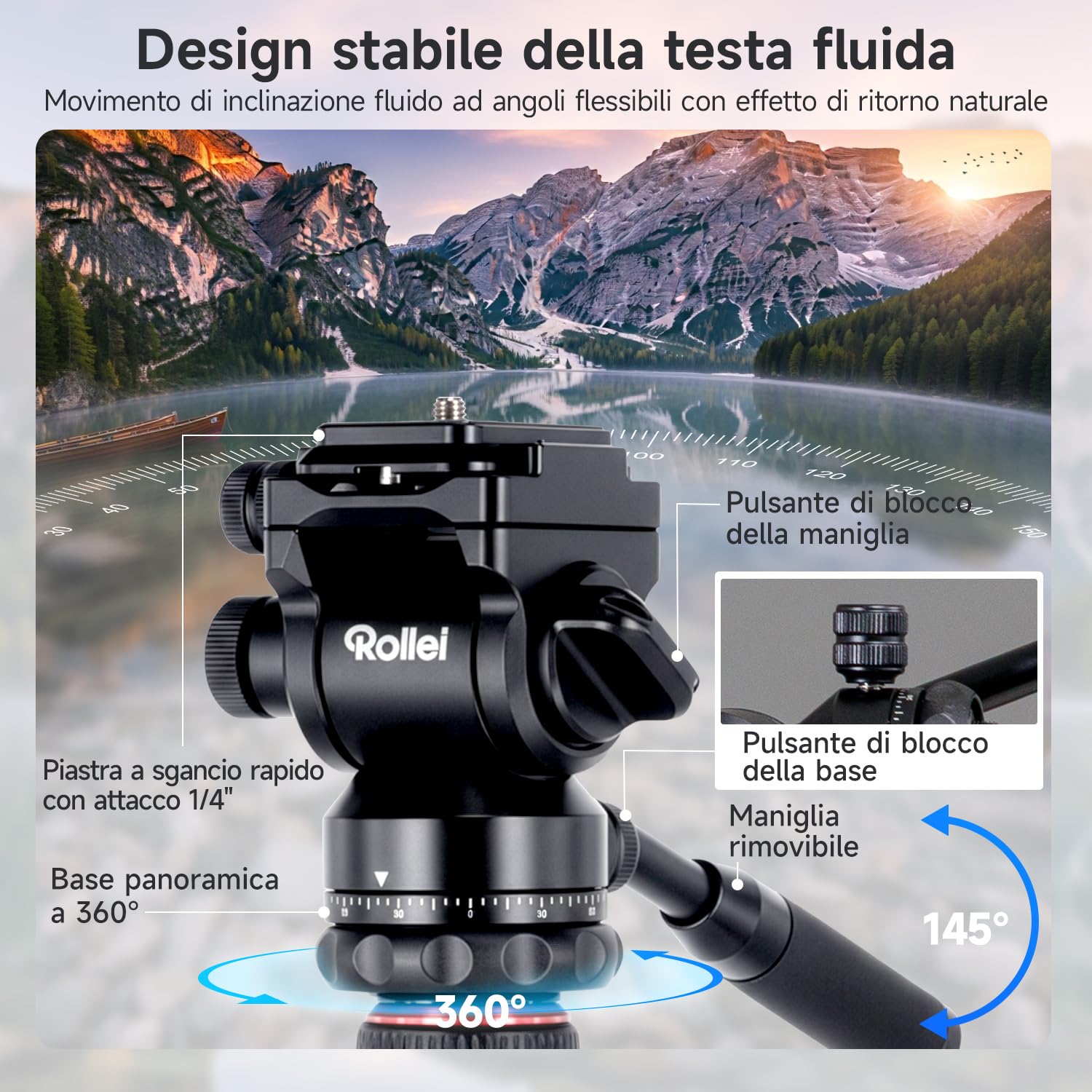 Treppiede Fotocamera 212cm Rollei Compact Traveler No.2 XL Video Cavalletto Fotografico in Alluminio con Braccio Orizzontale Testa Fluida Funzione Monopiede Camera Tripod con Supporto per Telefono