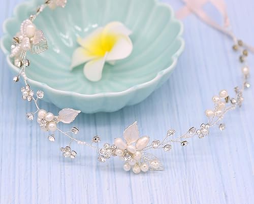 Miniatura 4 de Diadema de cristal nupcial con perlas de agua dulce, diseño de flores, accesorios para el cabello de boda (plata)