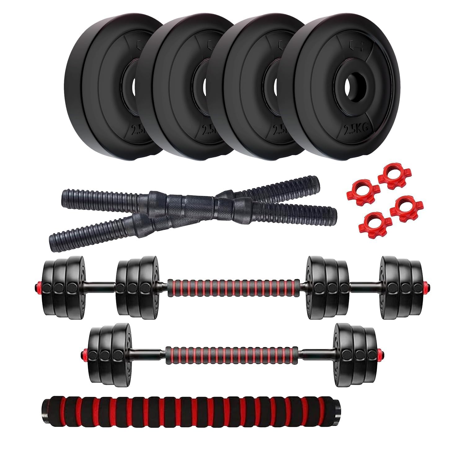 Amazon Brand - Symactive PVC 10 Kg 3-in-1 Convertible Dumbbells Set | for Fitness & Workout | 2.5 Kg x 4 PVC Weight, 14'' Dumbbell Rods Pair & Nuts, 1 Cushioned Connector Rod | Multicolor-picture-32
