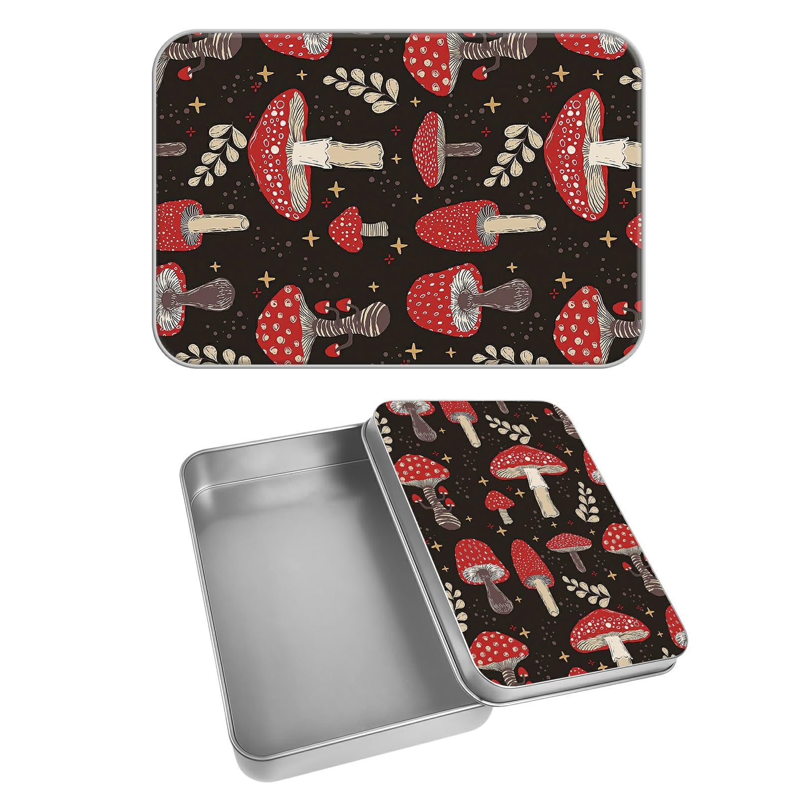 Rectangular Metal Tin Box with Removable Lid, Mushroom Star Decorative Printed Metal Storage Container for Cards, Diaries, Home Organization 4.53 x 3.35 x 0.86 inch– Single Pack