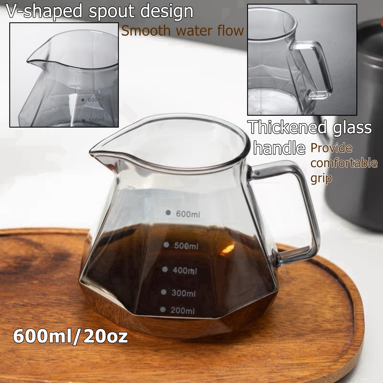 Pour Over Kaffeebereiter Set – 600 Ml Borosilikatglas-Server Mit 100 Filtern & Walnussholz-Griff