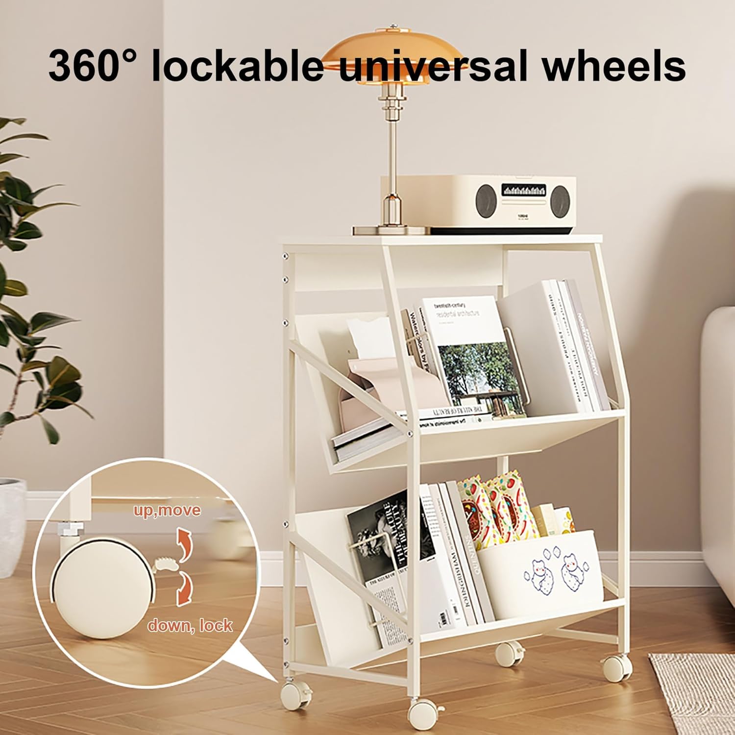Storage Cart Mobile Bookshelf cart, Slim Organizer Shelf with Wheels 2 Tier Rolling Storage for Office, Home, School, Classroom,Library,White