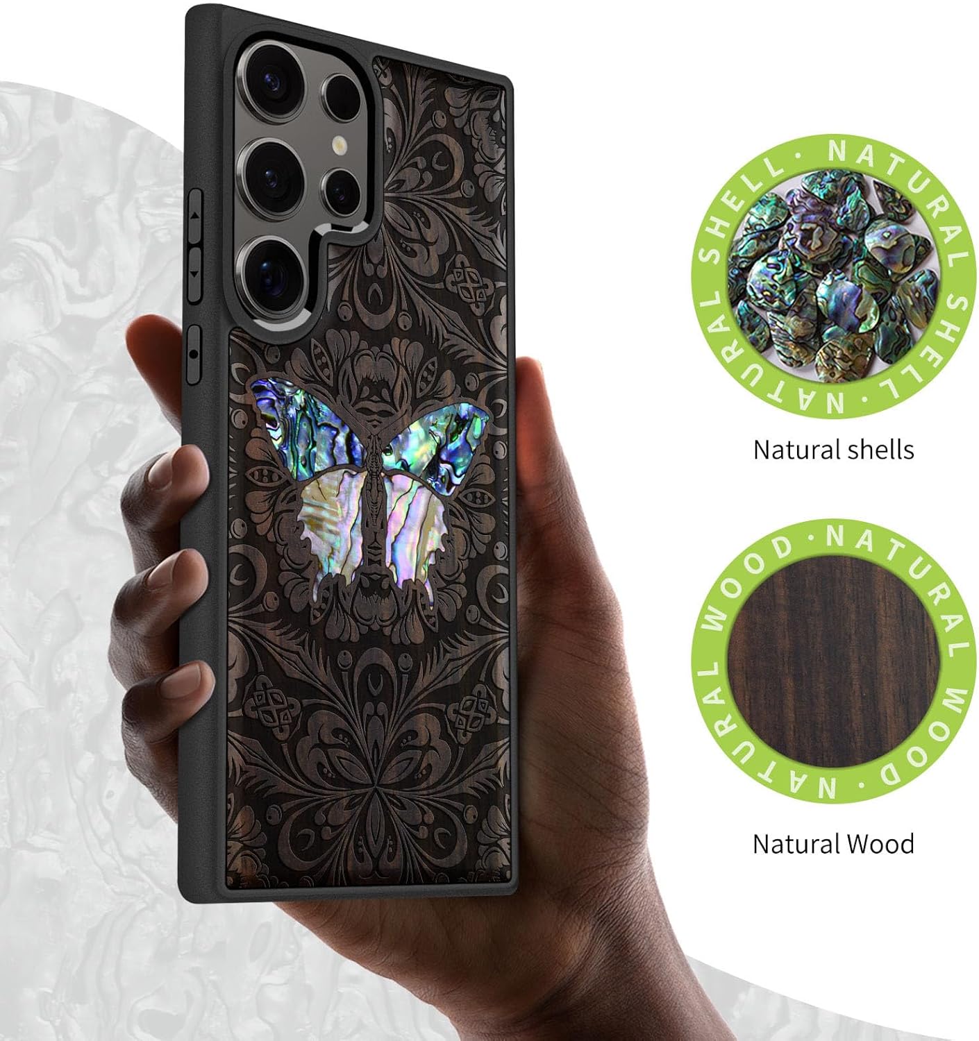 Carveit Designer Wooden Case for Samsung Galaxy S25 Ultra Case [Wood Engraving & Shell Inlay] Compatible with Wireless Chargers S25 Ultra (Baroque Butterfly-Blackwood)