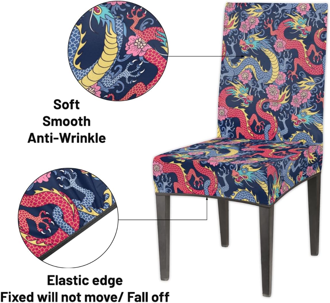 KOBLEN Fun Chinese Dragon Theme Stretch Chair Covers Set of 2, Parson Chair Protectors Slipcover Kitchen Seat Cover for Chairs Dining Room Home Party