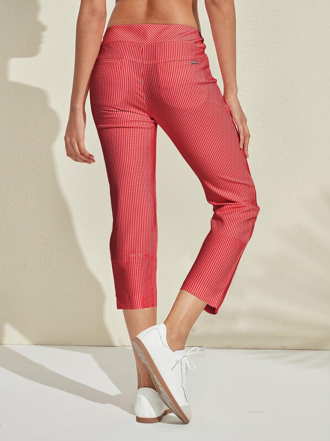 Womens Golf Plaid Pants Business Casual Checkered Capri Pant for Women Stretch Sweatpant with Pockets for Athletic Travel