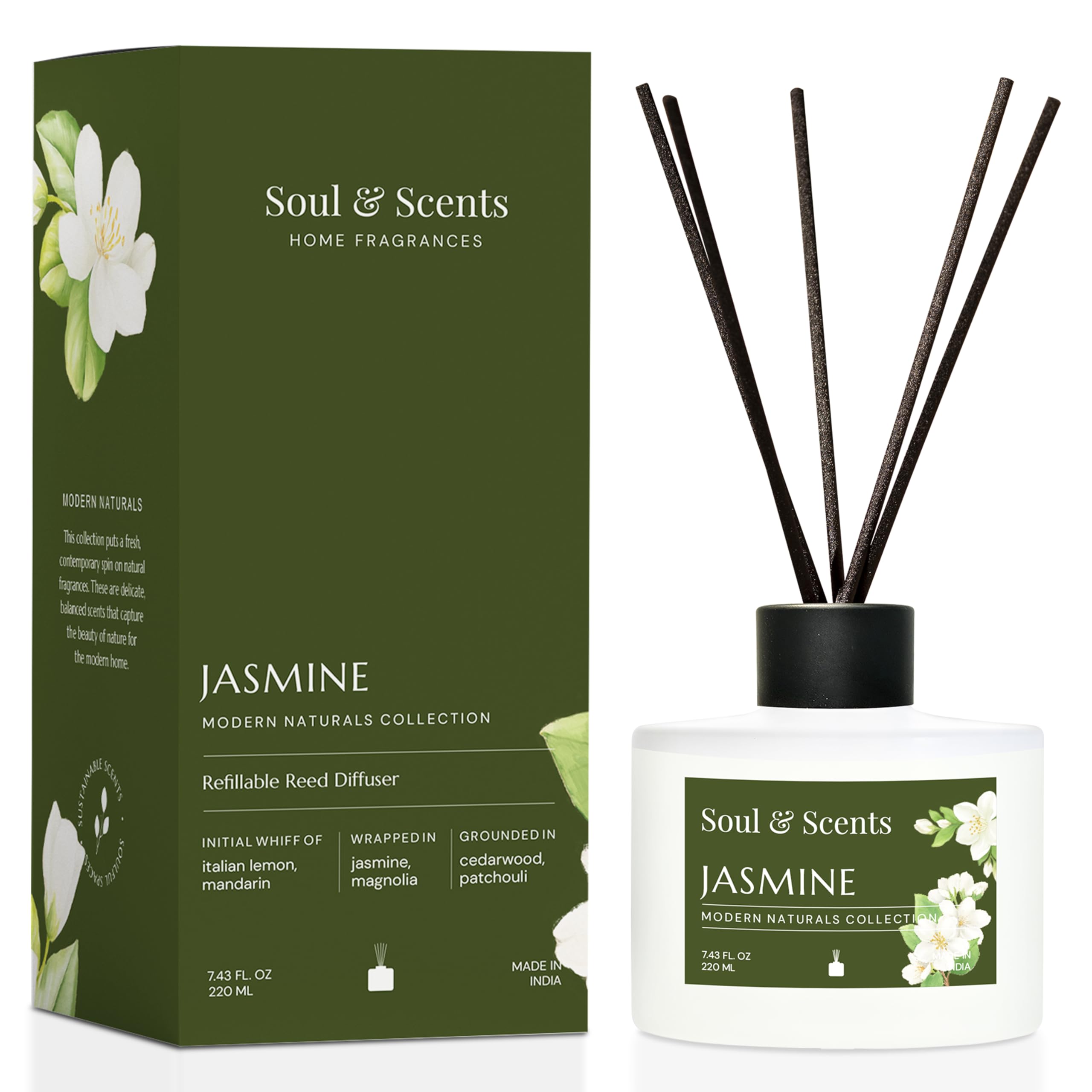 Soul Scents Reed Diffuser Set Jasmine 7 43 oz Refillable Scented Oil with 6 Fiber Sticks Long-Lasting Home