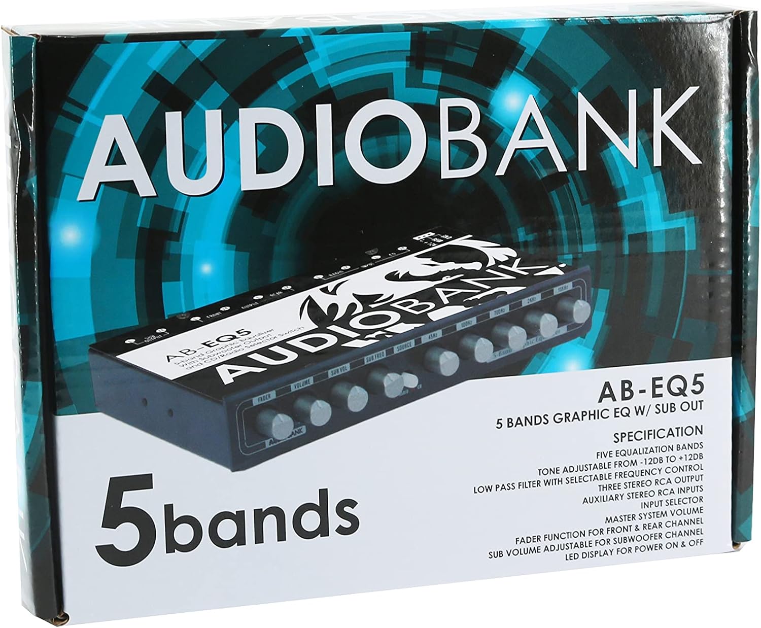 AUDIOBANK AB-EQ5 Five Bank Indash Graphic Equalizer 1/2 din RCA Outputs/Gold Plated Connectors and Separate Controls for Master System