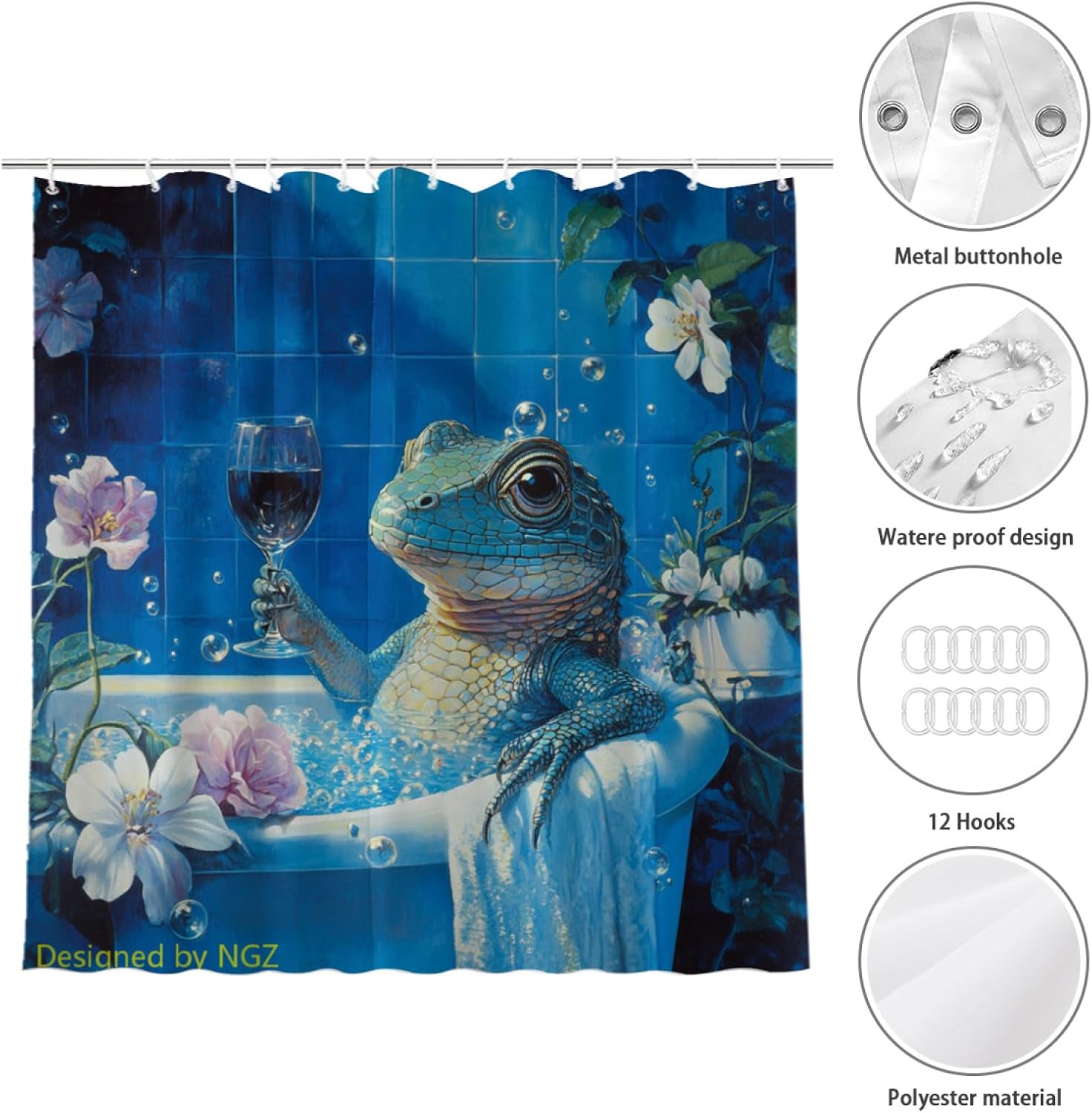 NGZ Funny Lizard Shower Curtain, SPA with Wine, Blue Shower Curtain, 72x72 Inches Shower Curtains for Bathroom, Bath Curtains Set with 12 Hooks