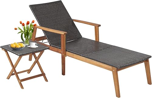 HAPPYGRILL Sillón de patio con mesa auxiliar plegable, reclinable ajustable de 4 posiciones con posición totalmente plana, tumbona de mimbre de