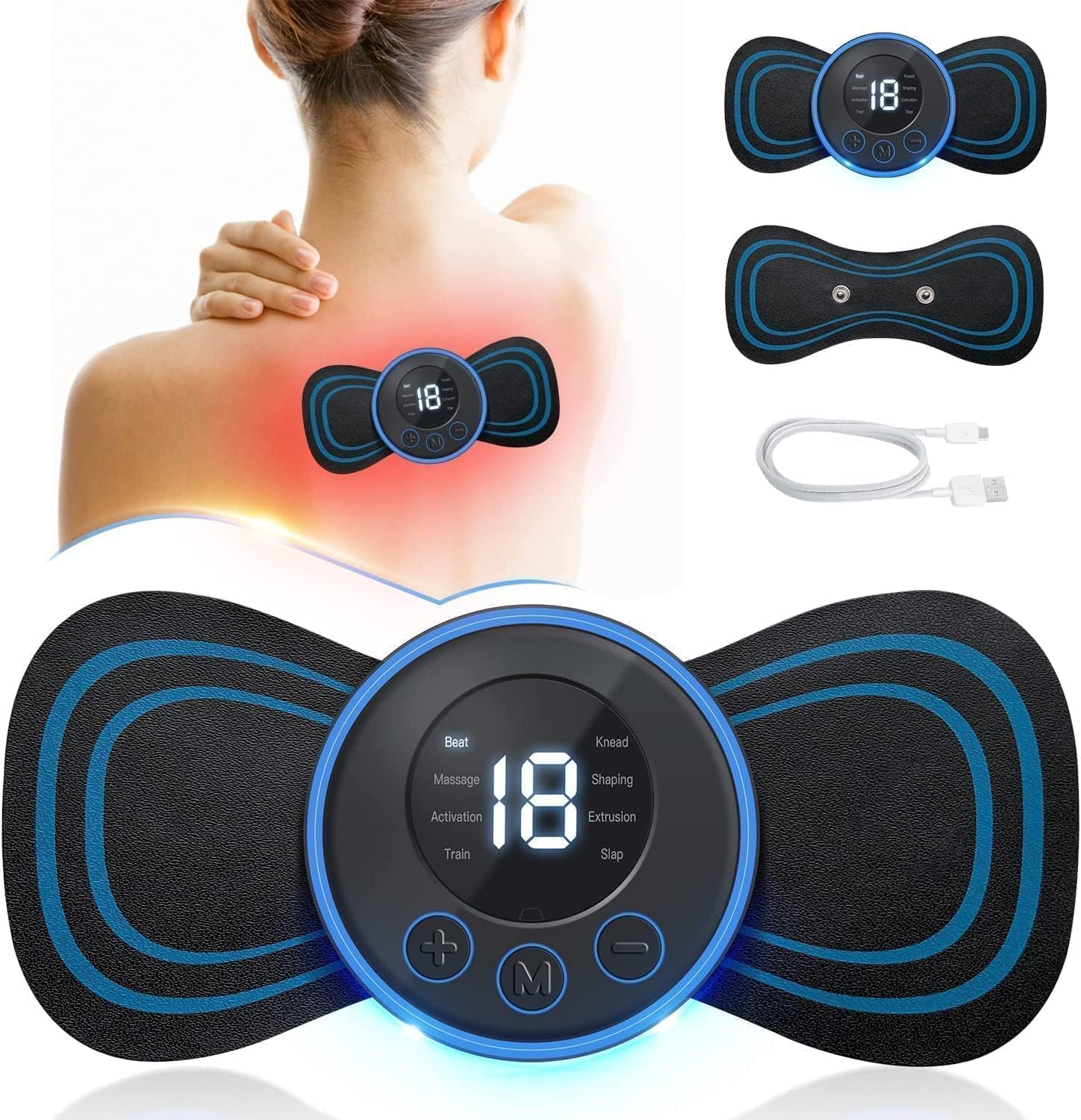 GFDesign Wireless EMS Mini Body Massage Machine Machine Portable Butterfly Massage for Blood Circulation, 8 Mods and 19 Strength Level with Pain Relief (Medium) – Set with 2 brush