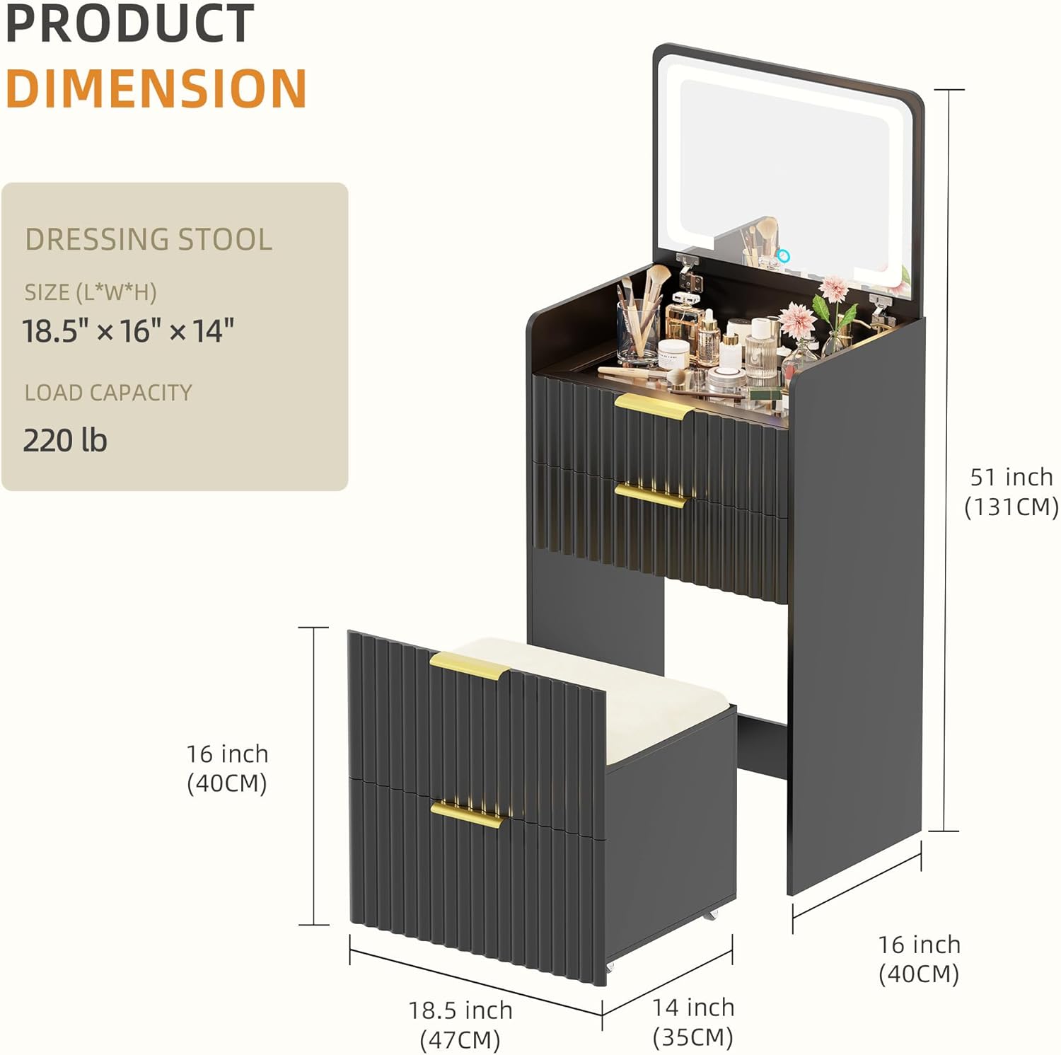 Gurexl Fluted Small Vanity Desk with Mirror and Lights, 3-in-1 Compact Makeup Vanity Set with Hidden Storage Stool, Mini Dressing Table with 3 Drawers, Gift for Little Girls/Kids (Black)