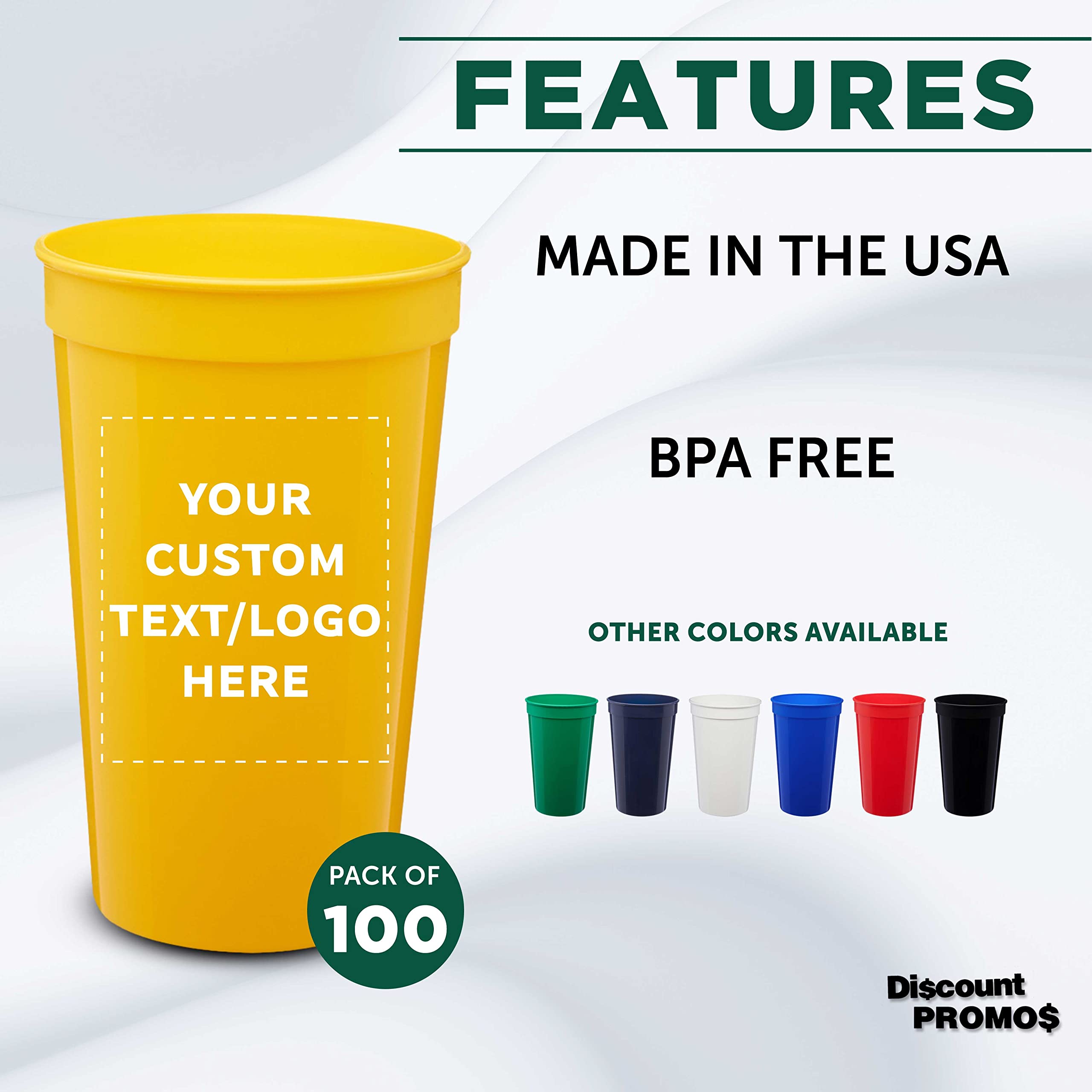 DISCOUNT PROMOS Custom Plastic Stadium Cups 22 oz. Set of 100, Personalized Bulk Pack - Perfect for Birthdays, Picnic, Beach, Parties - Translucent Yellow