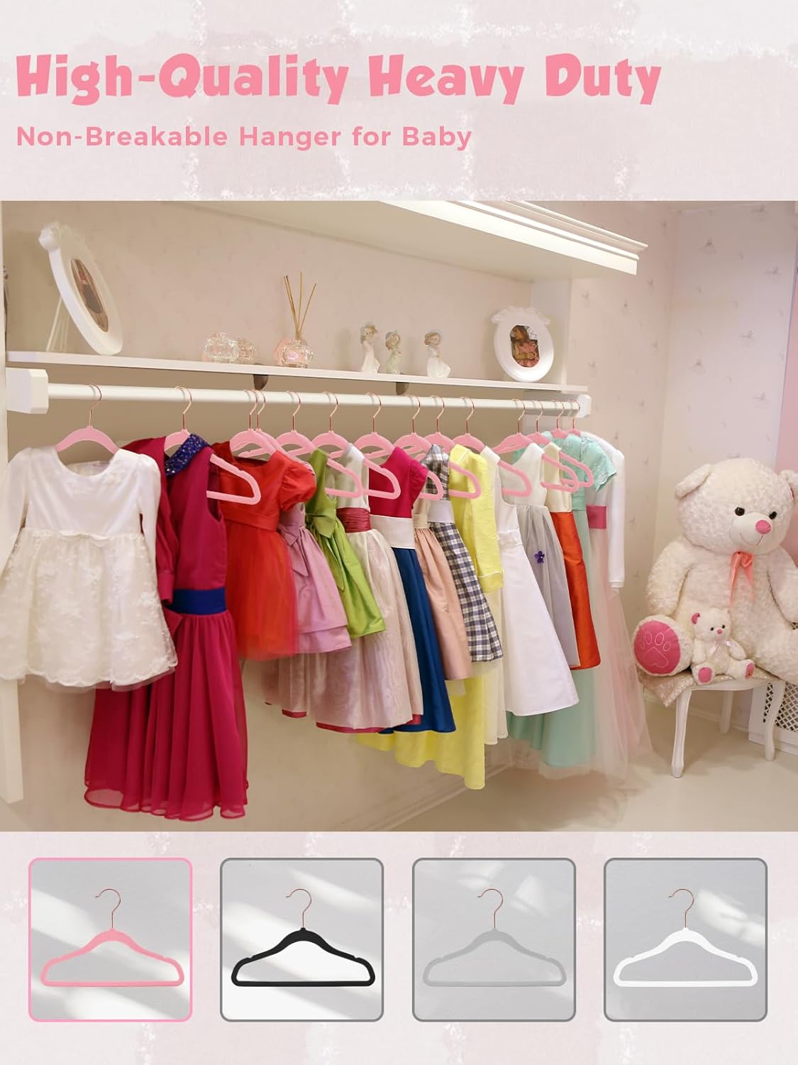 Smartor Kids Velvet Hangers 50 Pack, 14 Inch Premium Non Slip Kids Felt Hangers for Closet, Space Saving Toddler Clothes Hanger for Youth's Childrens' Clothes (Rose Gold Hook)- Pink - Image 9