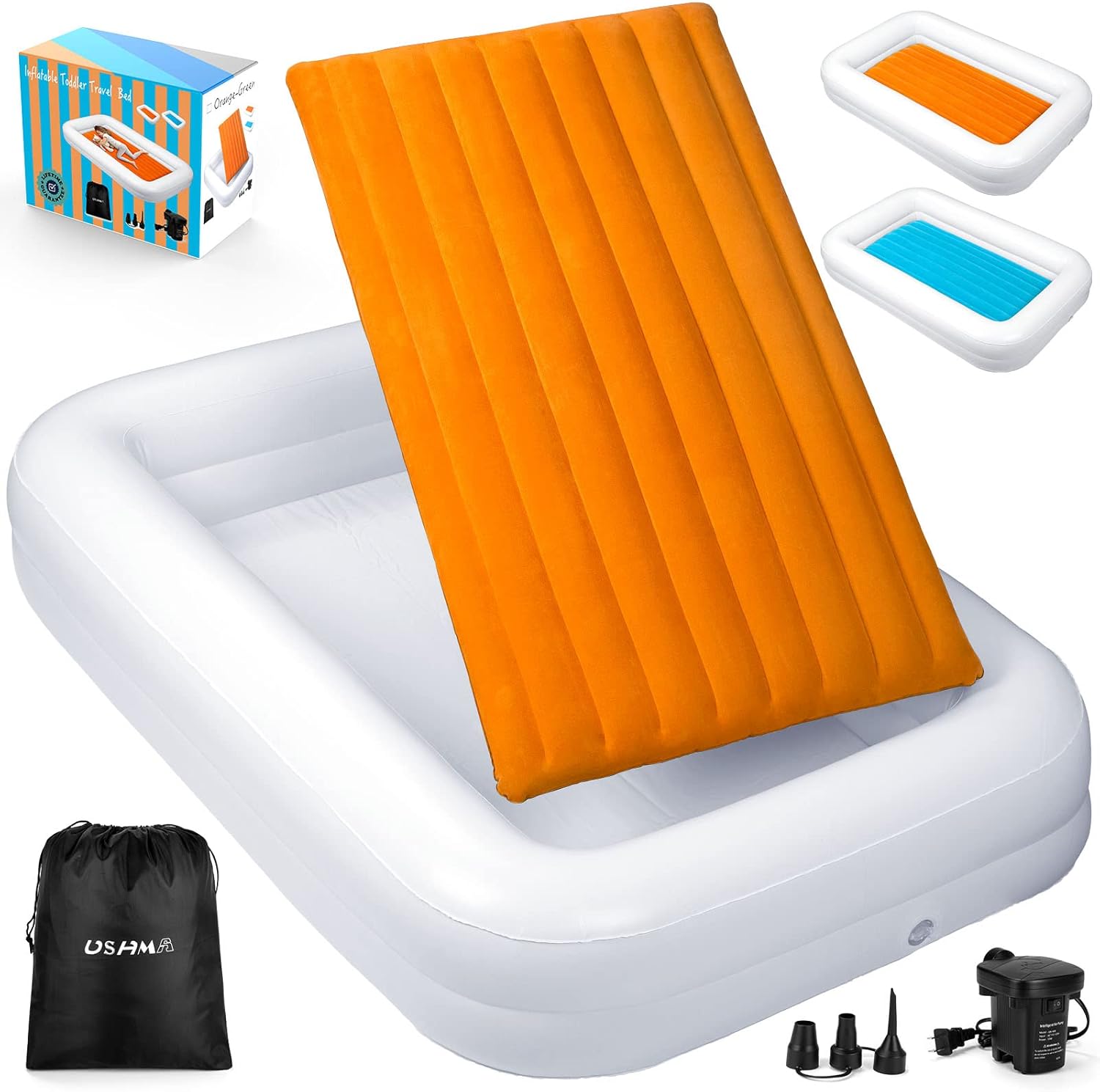 Toddler Travel Bed [4-Side] | Reversible 2 Colors Kids Air Mattress | Inflatable Toddler Bed | Portable Kids Blow Up Travel Bed with Sides, Orange & Aquamarine