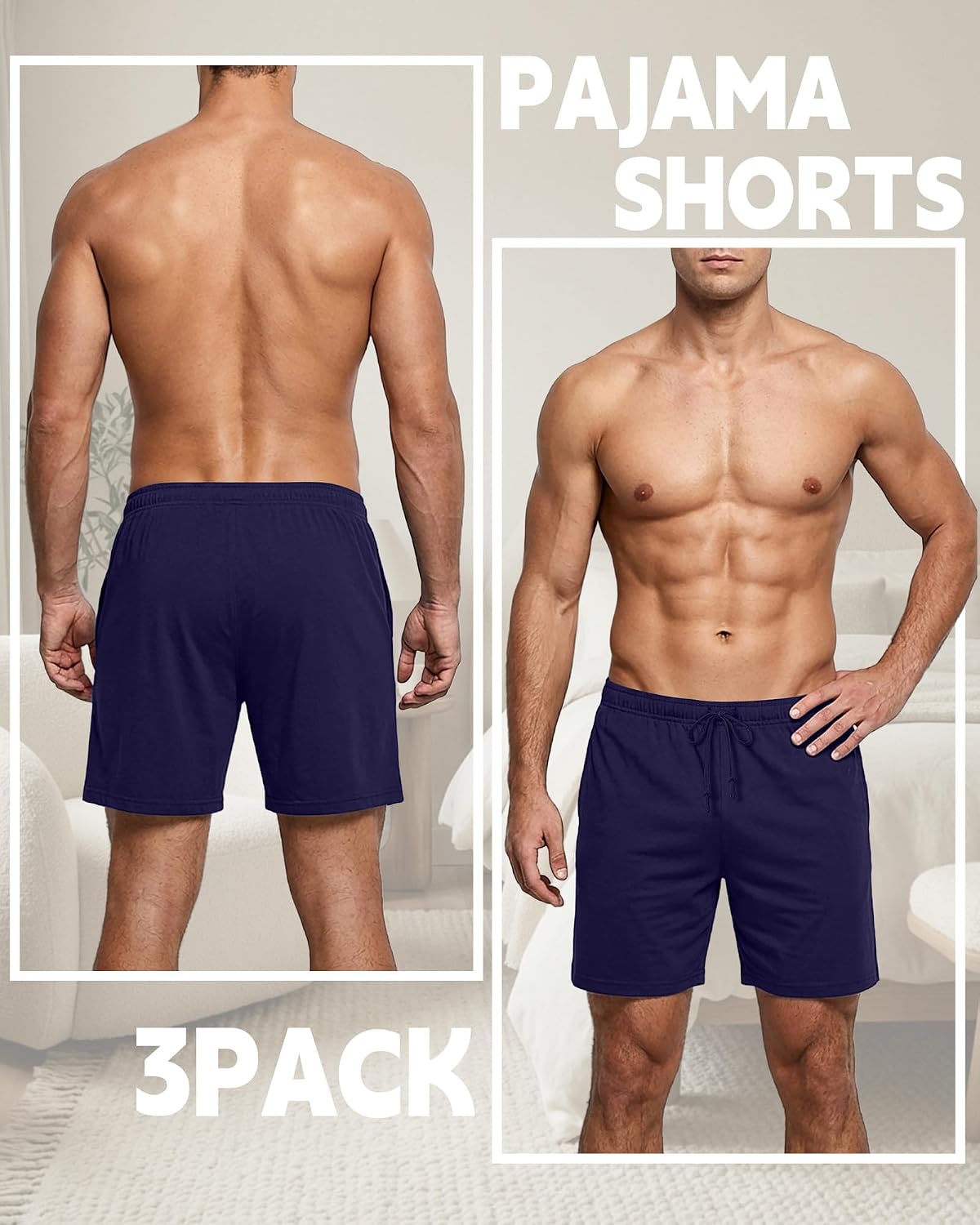 3 Pack Men's Pajama Shorts Sleep Lounge Shorts Sleepwear Pants Big and Tall Sleep Pj Bottoms Elastic Waist with Pockets