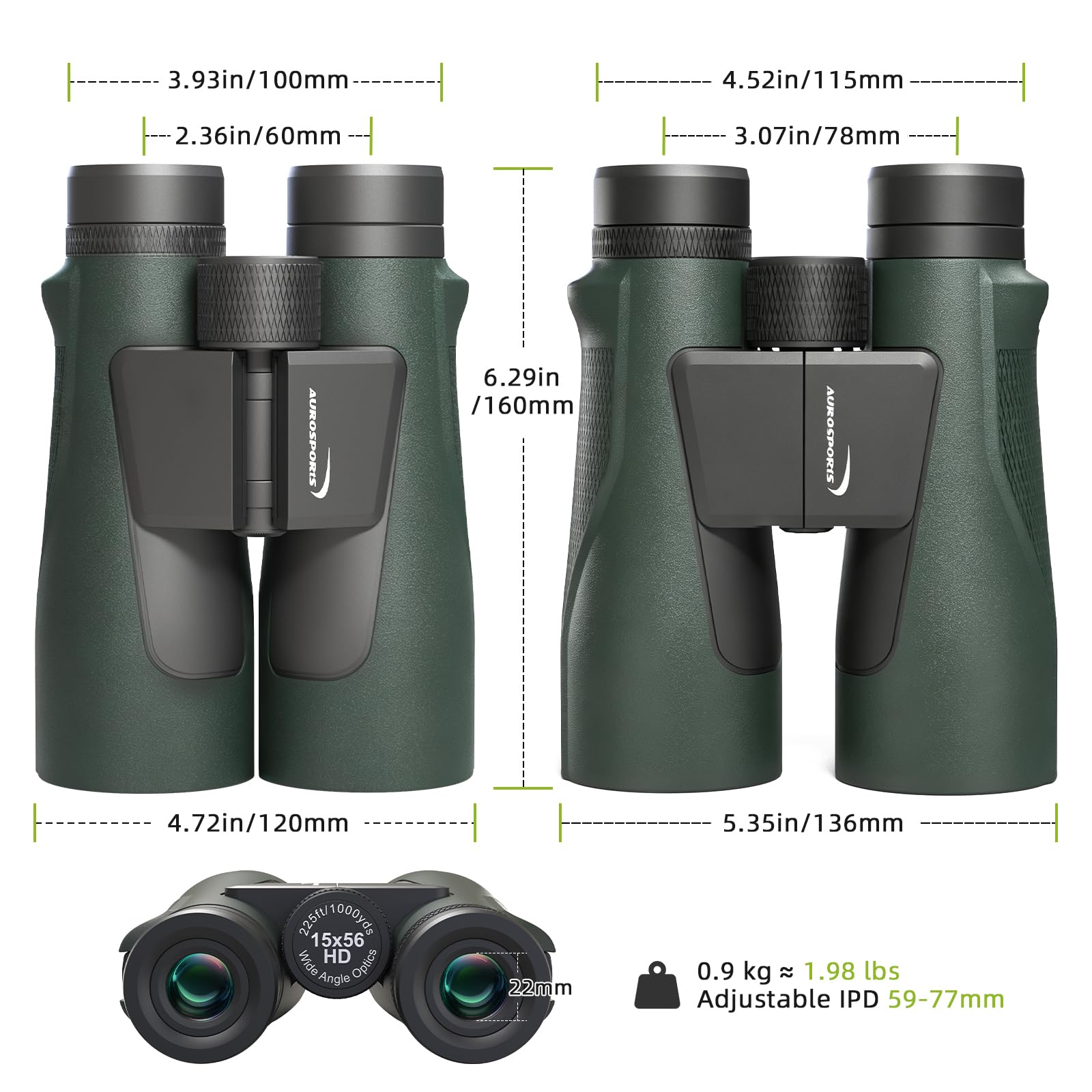 Jumelles 15 x 56 pour Adultes Haute Puissance – Jumelles Aurosports HD avec Vision Claire en Faible luminosité – Légères et faciles à Mettre au Point pour l'observation des Oiseaux, la Chasse, la