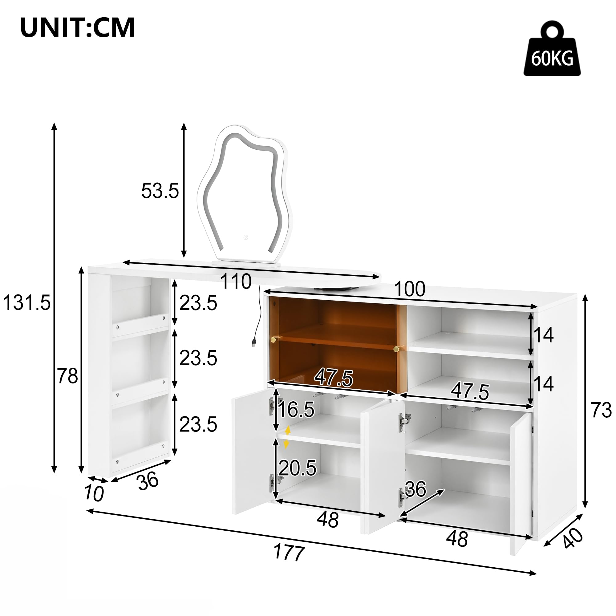 Coiffeuse LED rotative Blanche Miroir, Bureau 2 en 1, 100x40x80 cm