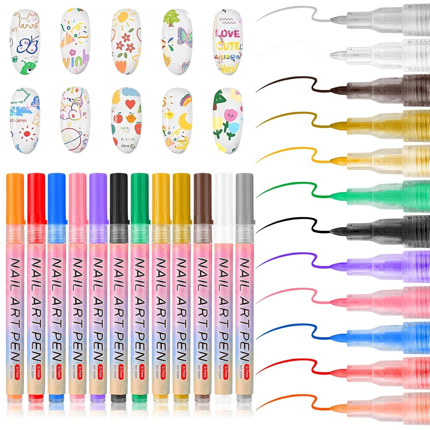 12 Colors Nail Art Pens Set, 0.7MM 3D Nail Polish Pens, Paint Nail Drawing Liner Graffiti Dotting Nail Art Pen Kit Tools Nails Art Markers for Painting Point Liner DIY, Quick Dry.-image-12