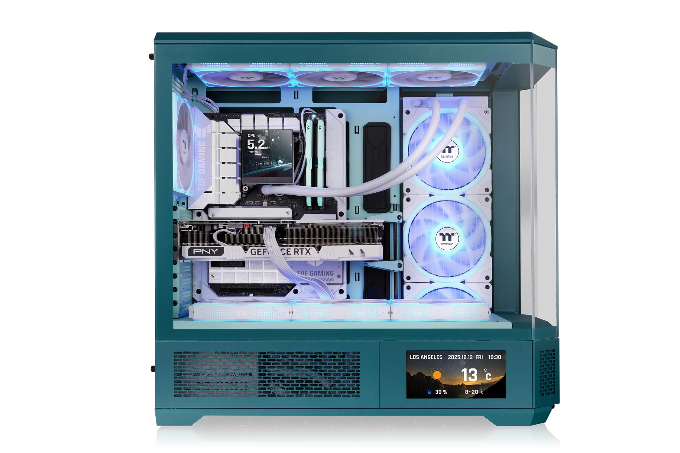 Thermaltake View 600 TG | Obudowa typu full tower E-ATX | Konstrukcja panoramiczna z 4 panelami ze szkła hartowanego | Kolor niebiesko-zielony (teal)