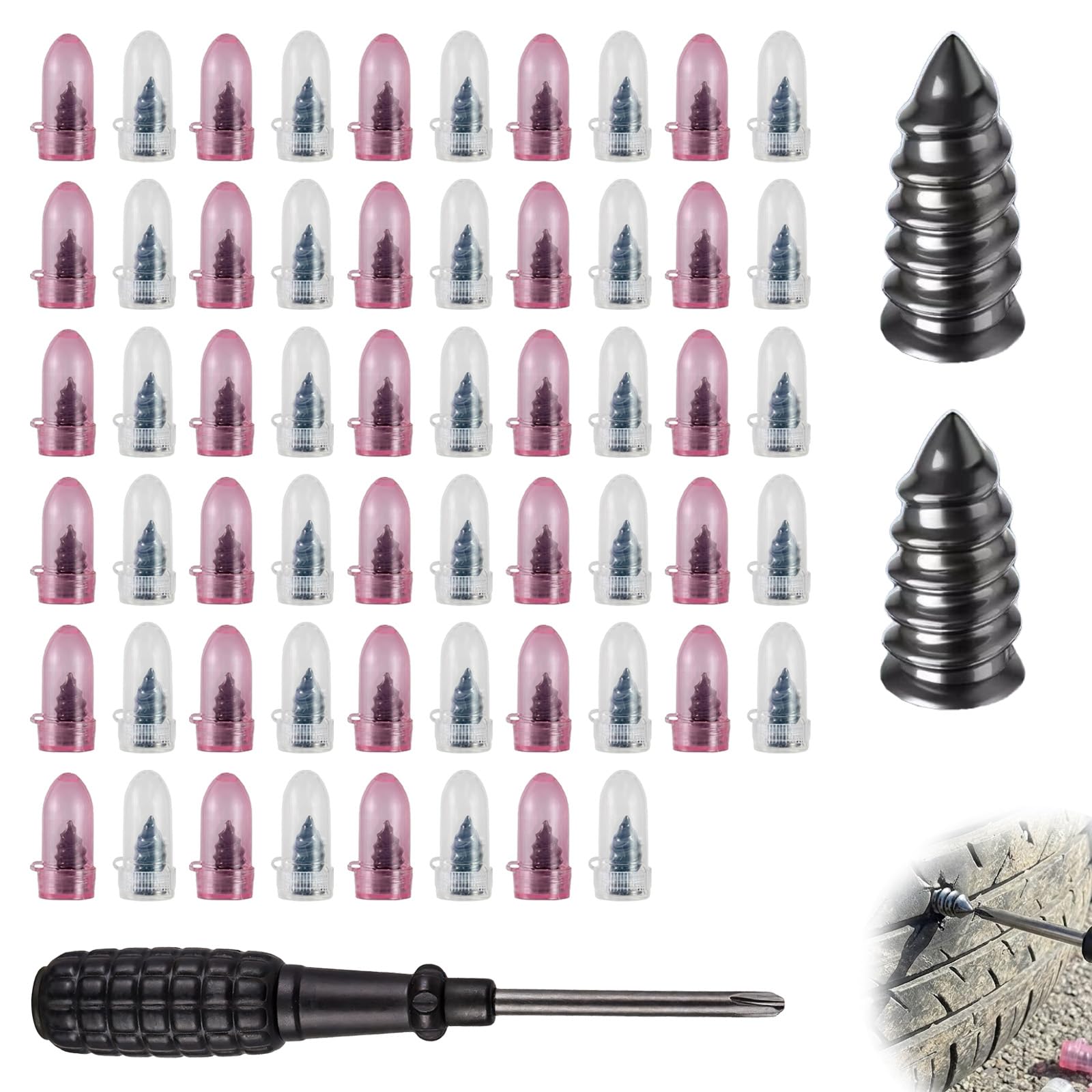 Jetstream 60 Piezas Clavos de Reparación de Neumáticos al Vacío, Clavo de Goma para Neumáticos, Incluye Destornillador, Adecuado para Automóviles, Motocicletas y Bicicletas (30S, 30L)