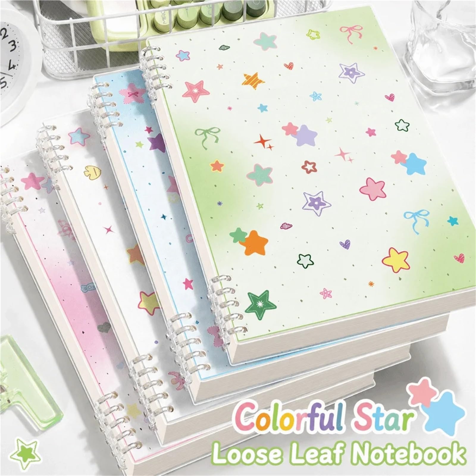2 Stück A5/B5-Binder-Notizbuch, liniertes Notizbuch mit Sternenmuster | Abnehmbares Loseblatt-Notizbuch for Studenten(B5-Sweet Pink Star)