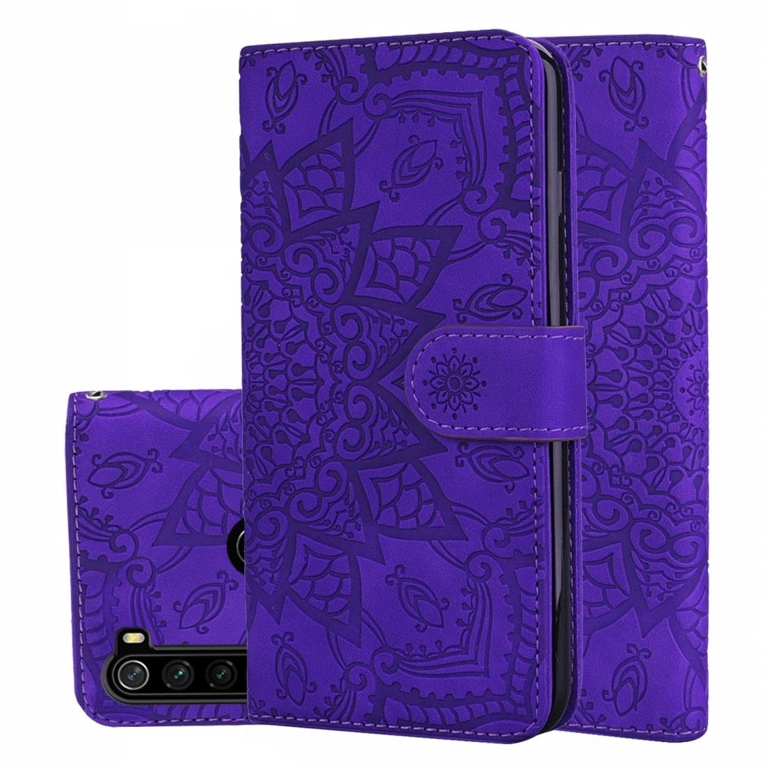 JIANWU Case Cover, For Xiaomi Redmi Note 8 Calf Pattern Mandala Double Folding Design Embossed Leather Case with Wallet & Holder & Card Slots(Black) (Color : Purple)