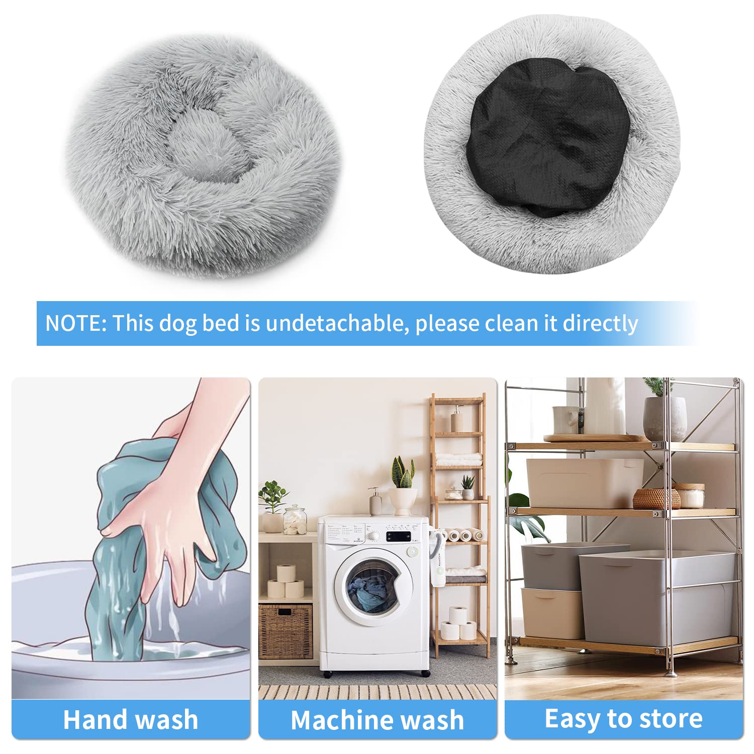 90cm Rund Hundebett Katzenbett, Plüsch Flauschig Hundekorb Katzenkissen Kuscheliges Donut, Waschbar Warm Hundekissen für Mittelgroße und Große Hunde, Katzen und Andere Haustiere (Hellgrau)