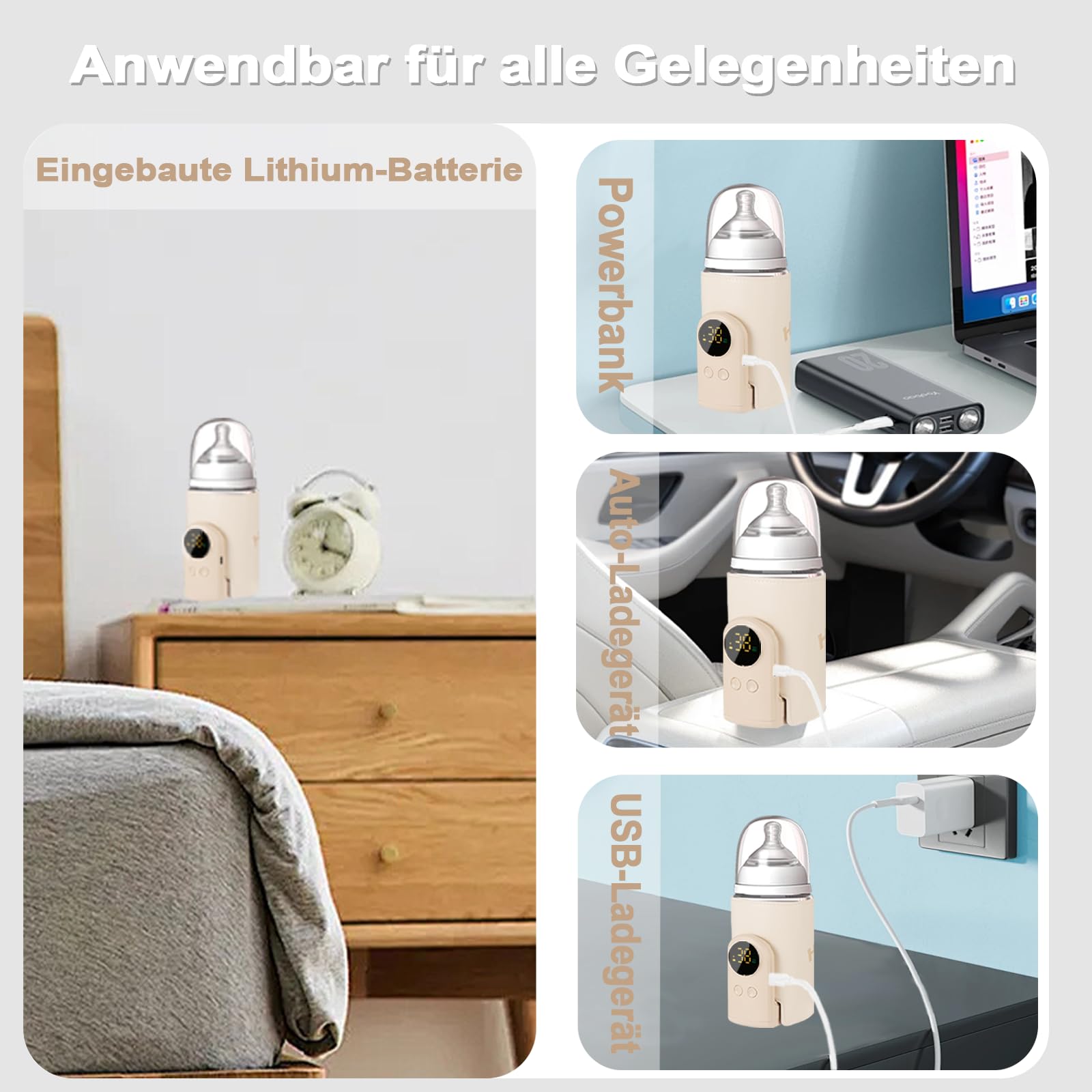 Flaschenwärmer Baby unterwegs mit 6-Temperaturstufen (38°C-50°C) - USB-C Flaschenwärmer für Unterwegs, Kompakt in Reisegröße, Intelligentes LCD & Thermikontrolle für Milch/Beikost (Gelb)