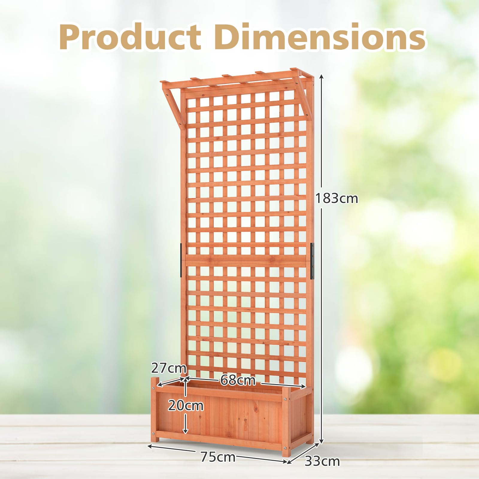 GOPLUS Jardinière avec Treillis 183cm en Bois de Sapin, Trou de Drainage pour Plantes Grimpantes, Fleurs, Bac à Fleurs avec Treillis pour Cour, Jardin, Balcon, 75x33x183cm