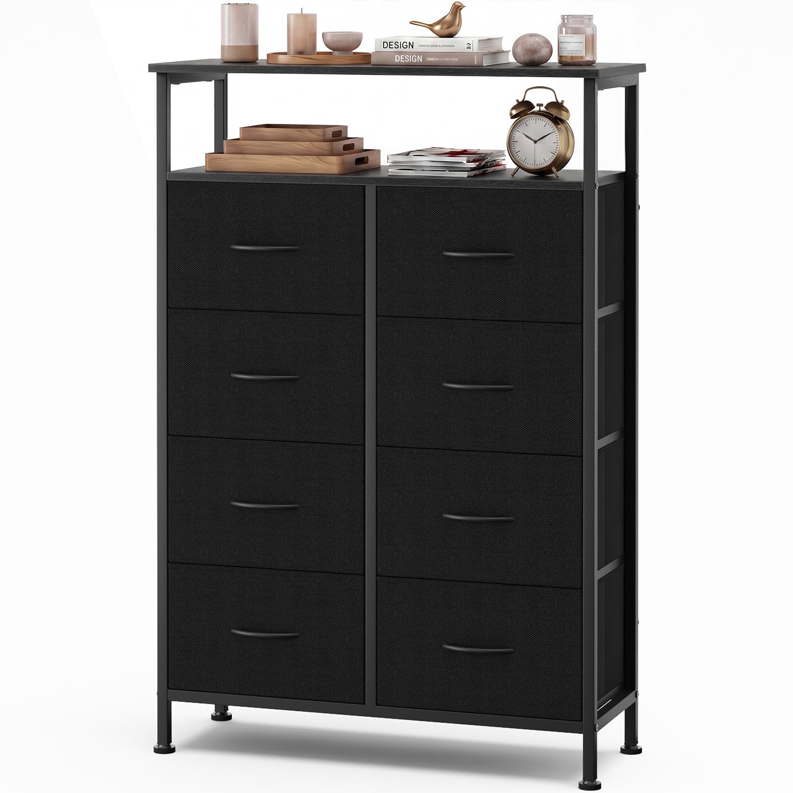 OLIXIS 8 Drawers Fabric Dresser, Raised Shelf Tall Chest of Drawers, Black