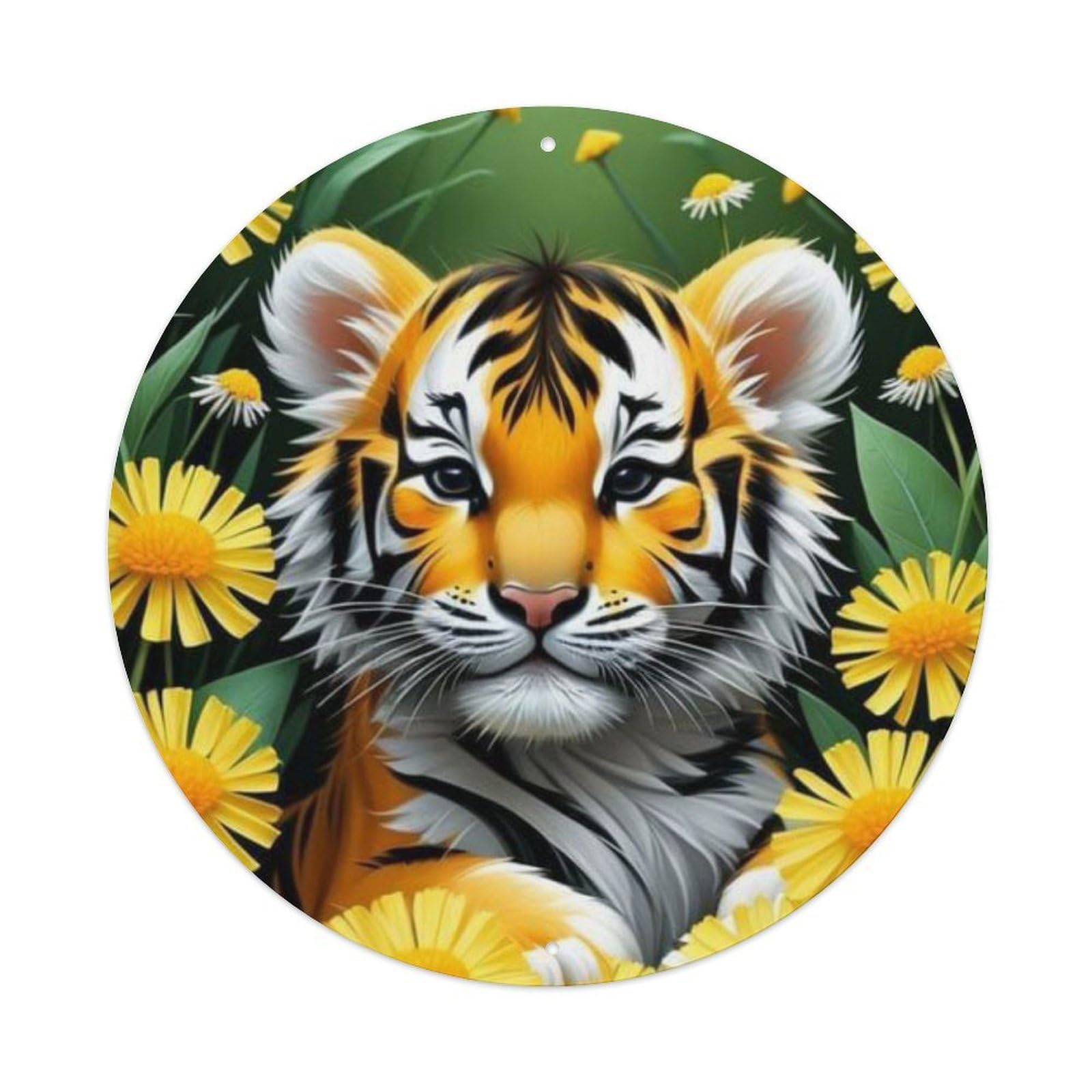 Animal Poster Tiger Cub Daisy Cute Flower Vintage Metal Tin Sign Plaque Wall Decor for Cafe, Club Bar, Office, Garden Metal Poster 8x8Inch