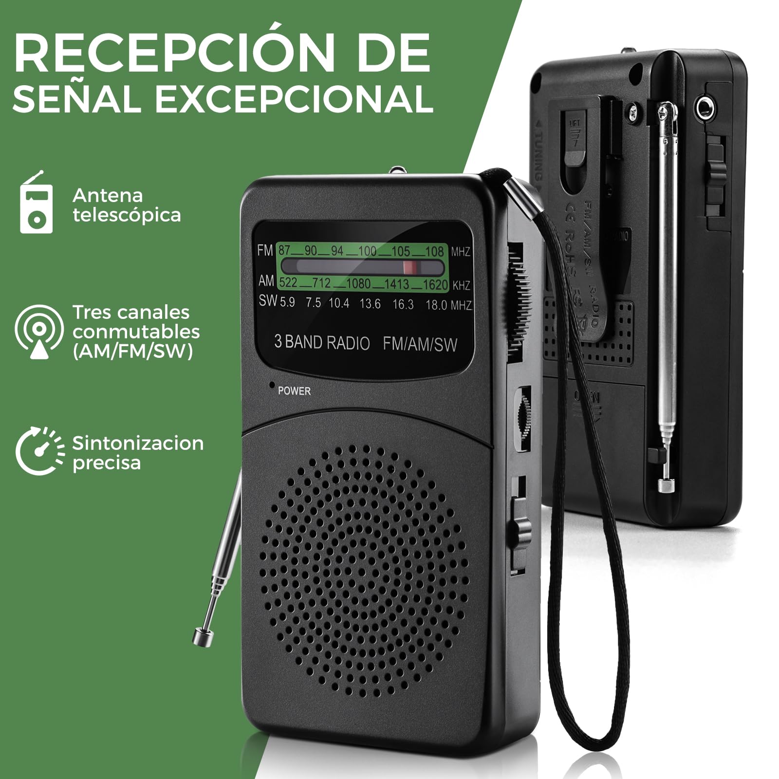 Joudix Radio a Pilas Portátil Pequeña FM/Am Transistor Kit de Emergencia Señal Súper Entrada Auriculares Linterna Escuche Noticias Entretenimiento Personas Mayores Apto para Cocinas Baños Viajes — view 3