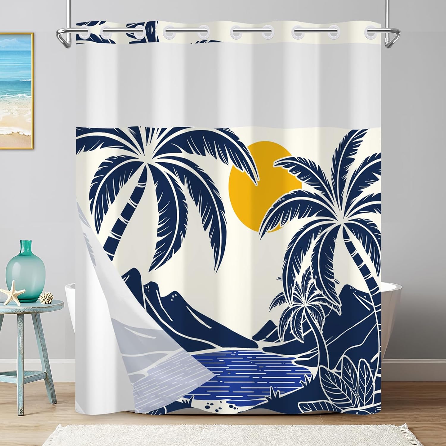 No Hook Shower Curtain with Snap in Liner, Tropical Palm Tree Coast Design Shower Curtains for Bathroom, Double-Layer Waterproof Shower Curtain with Sheer Top Window and Weighted Bottom, 71x74 Inches