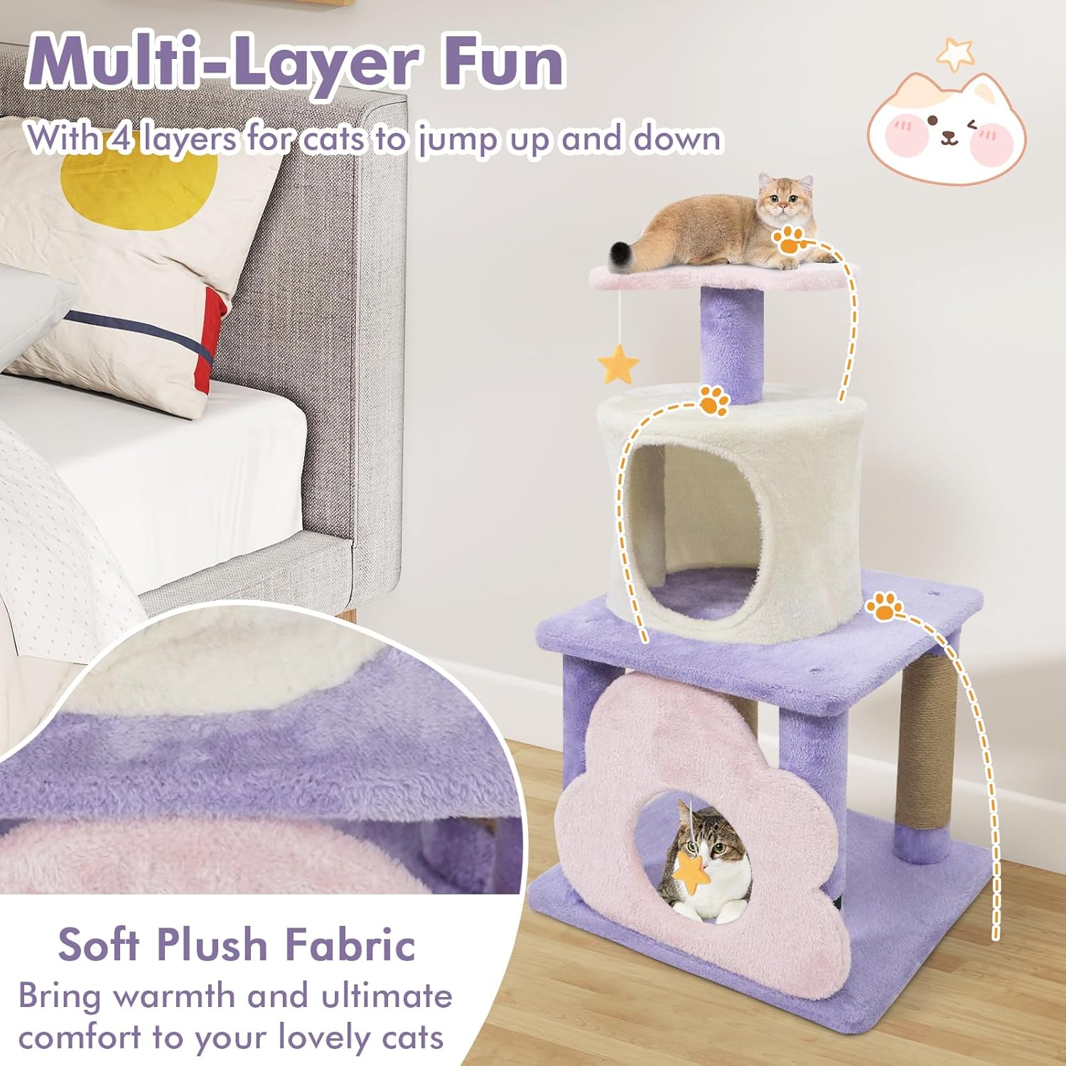 Tangkula Cute Cat Tree, 31.5 Inch Multi-Level Cat Tower with Jute Scratching Posts, Condo, Top Perch, Hanging Toy, Moon & Star & Cloud-Shaped Accents for Indoor Cats (Purple+Pink+White)