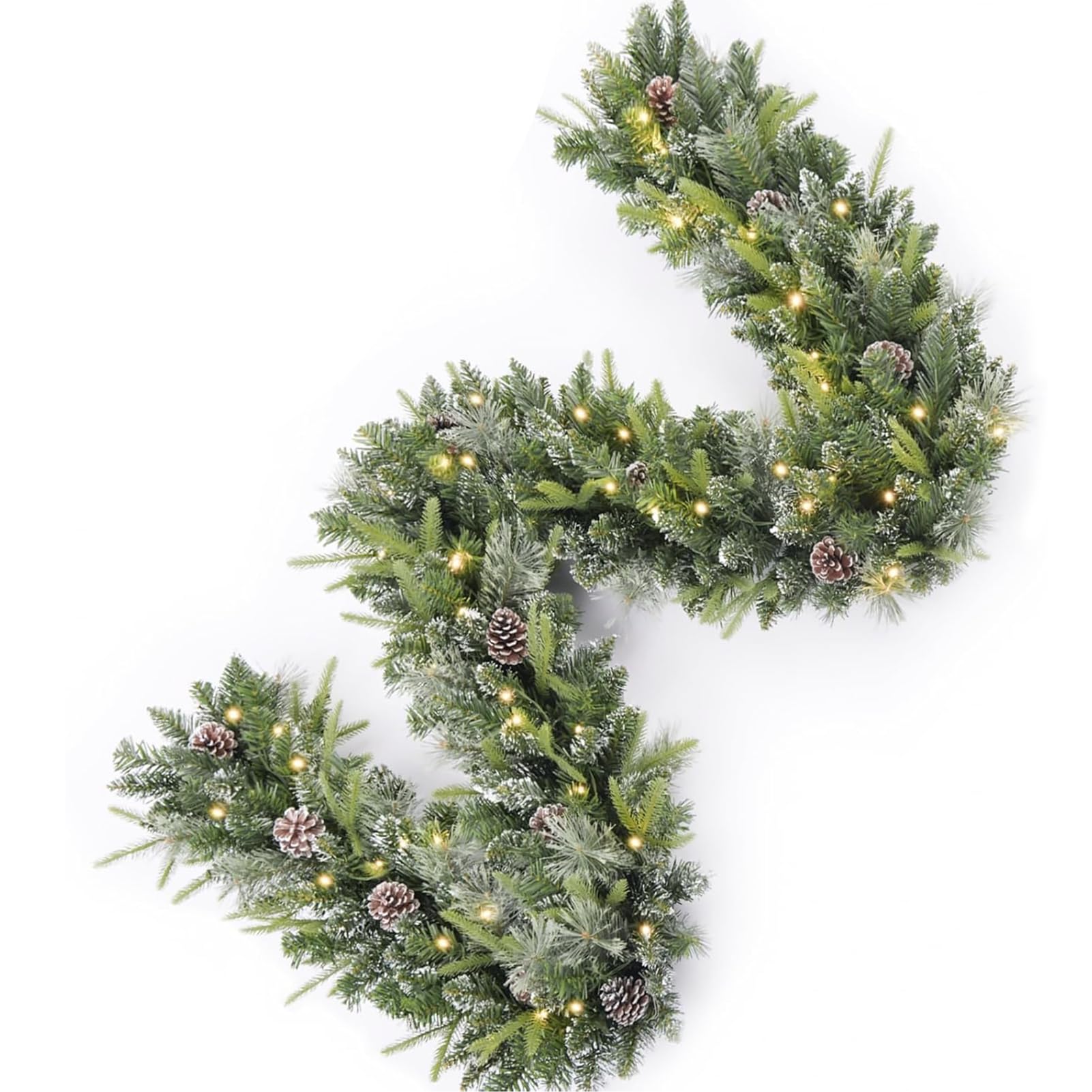 Christmas Garland Pre-lit 9 Ft with 50 Led Lights, Battery Operated Fireplace Stairs Mantle Door Indoor Outdoor, Decorated Pine Cone and Snow Style