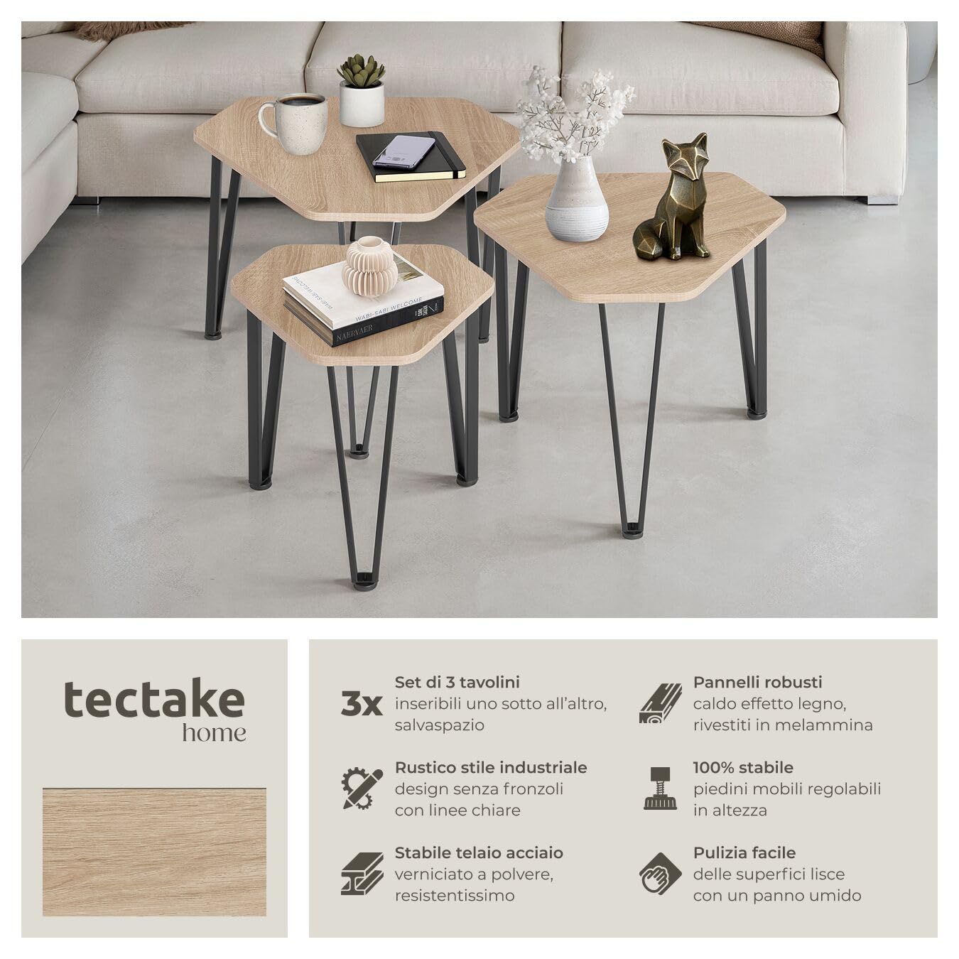 tectake 801115 Set tavolini Torquay, Piedi in plastica regolabili in altezza, Facile da curare (Industriale legno chiaro, rovere Sonoma)