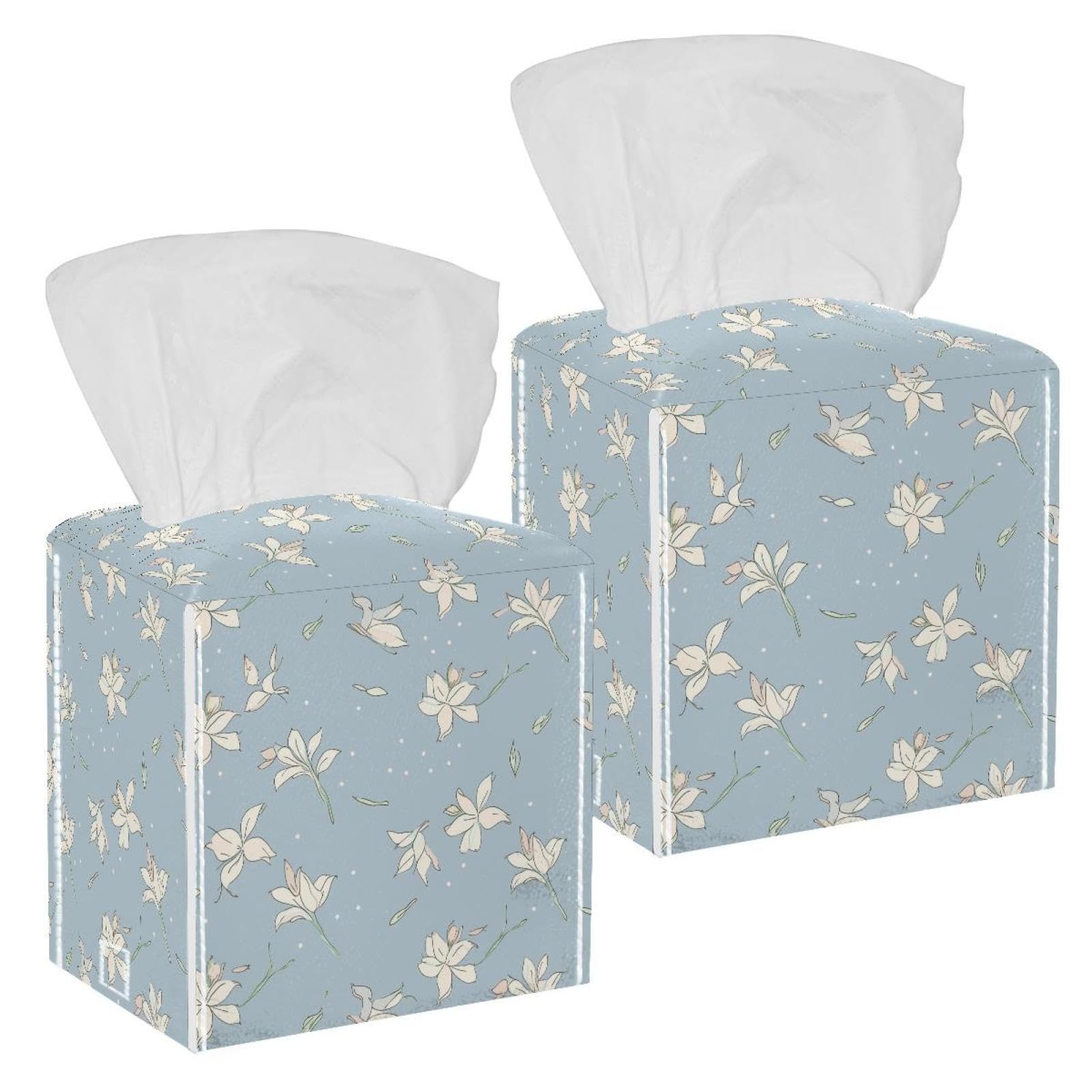 White Lily Tissue Box Cover, 2 Pack PU Leather Square Facial Tissue Dispenser Box holder for Home Office Car